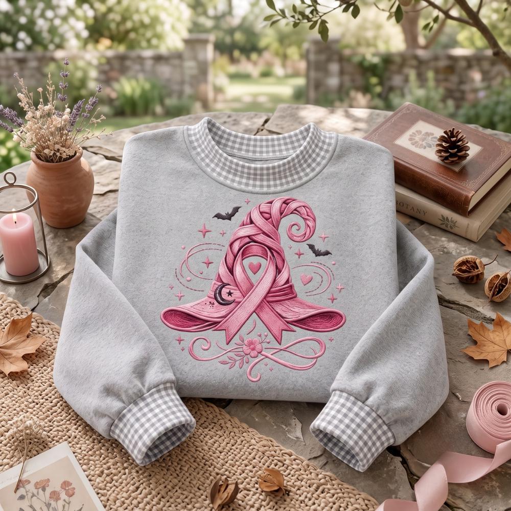 Embroidered Breast Cancer Awareness Witch Halloween Sweatshirt – Floral Pink Ribbon Sweater, Support Shirt And Survivor Gift For Women - photo 3