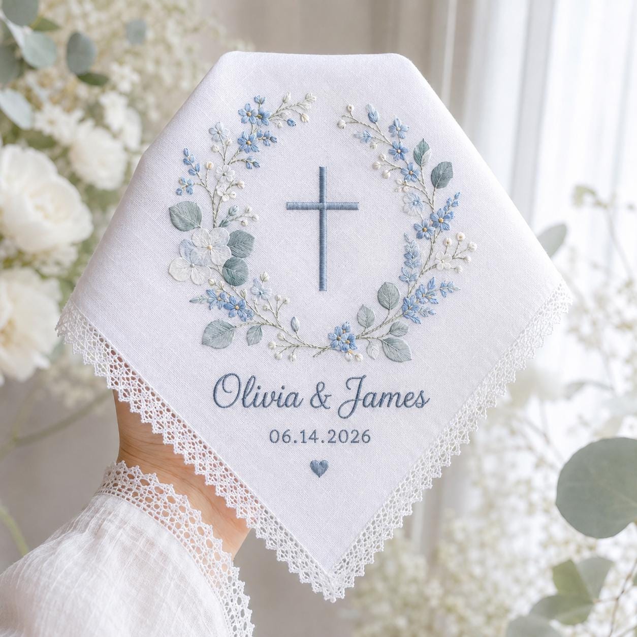Personalized Embroidery Wedding Handkerchief with Christian Cross Floral Linen Hankie, Custom Name and Date Keepsake, Faith Wedding Gift