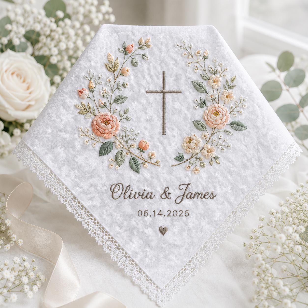 Personalized Embroidery Wedding Handkerchief with Christian Cross Floral Linen Hankie, Custom Name and Date Keepsake, Faith Wedding Gift - photo 2