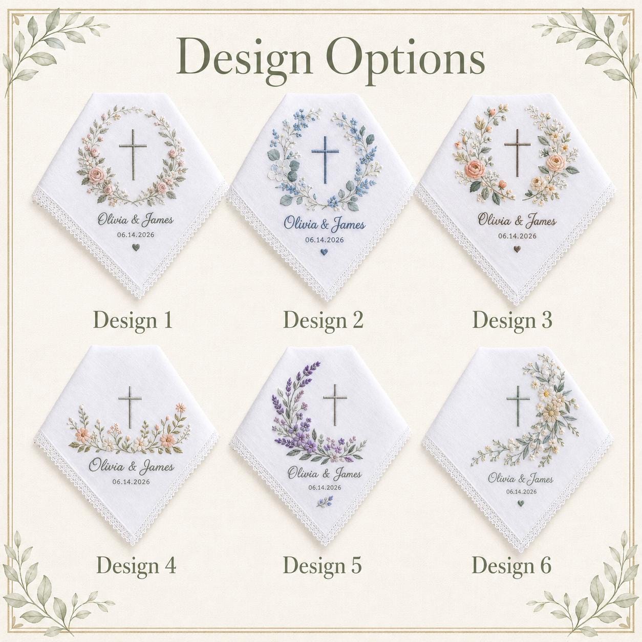 Personalized Embroidery Wedding Handkerchief with Christian Cross Floral Linen Hankie, Custom Name and Date Keepsake, Faith Wedding Gift - photo 3