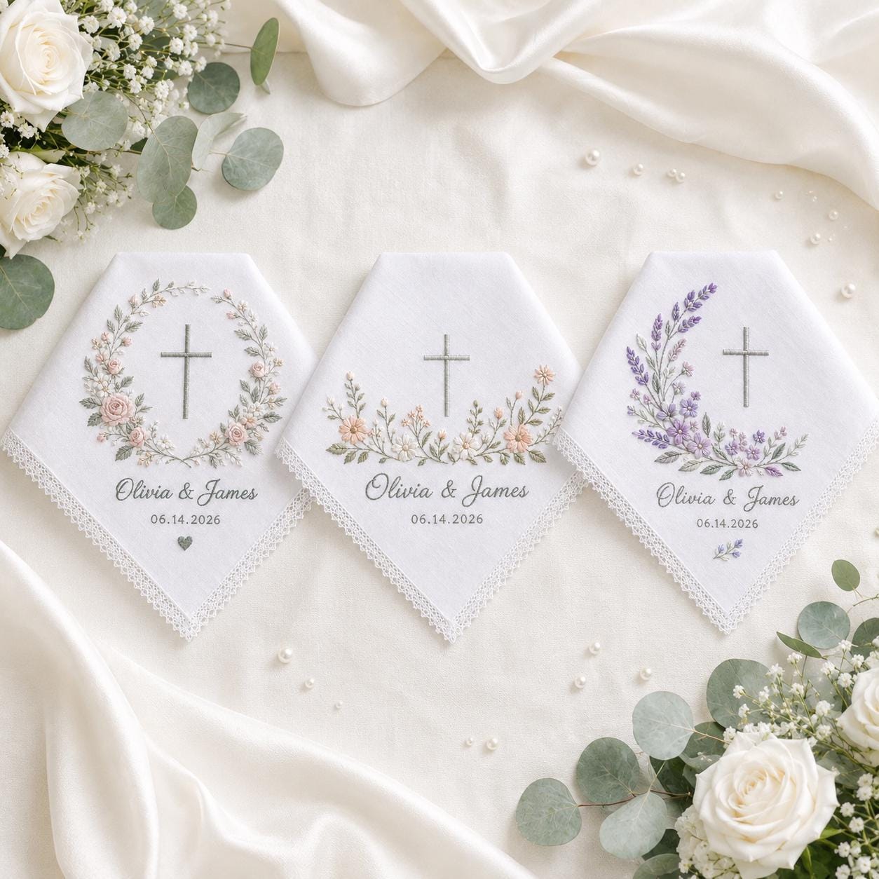Personalized Embroidery Wedding Handkerchief with Christian Cross Floral Linen Hankie, Custom Name and Date Keepsake, Faith Wedding Gift - photo 4
