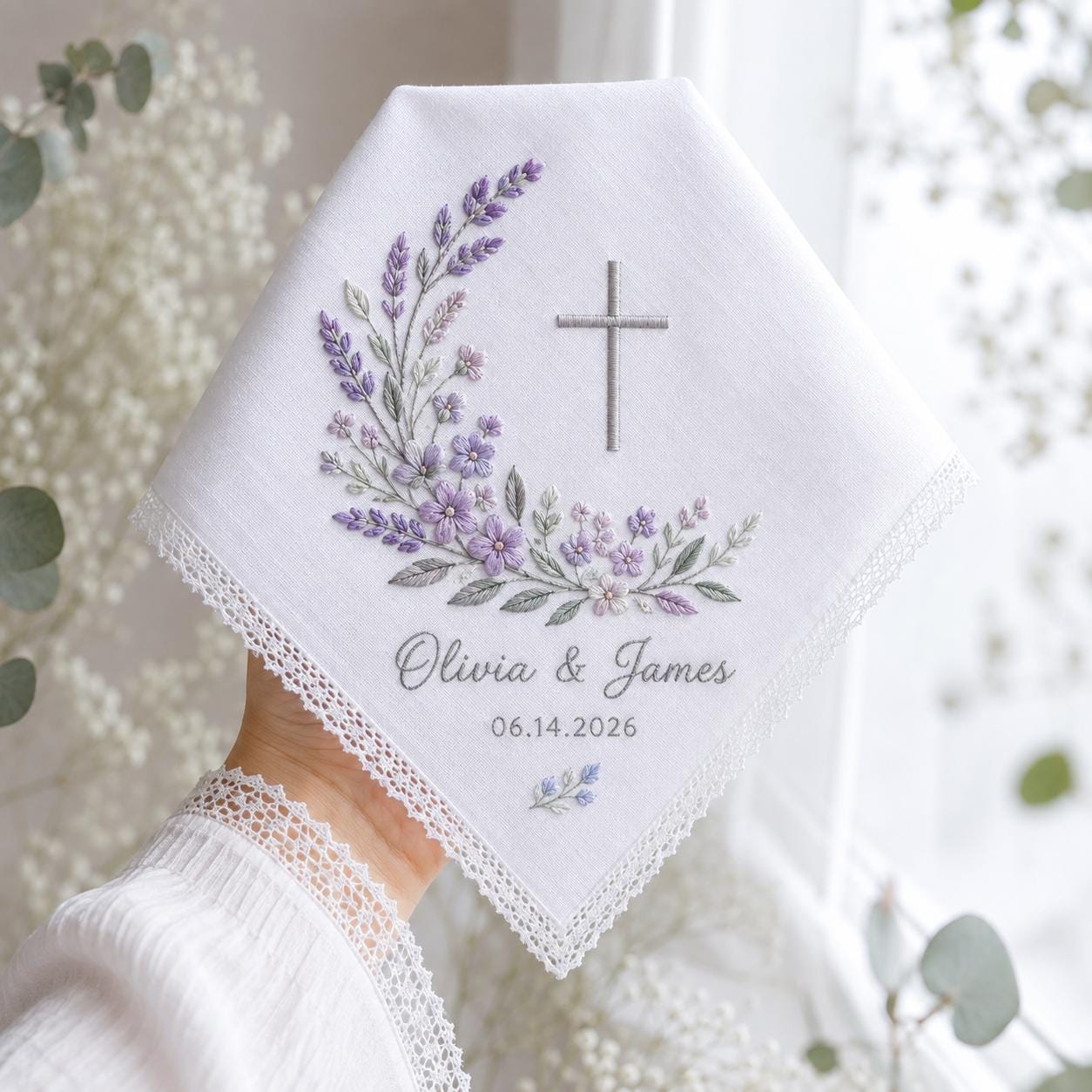 Personalized Embroidery Wedding Handkerchief with Christian Cross Floral Linen Hankie, Custom Name and Date Keepsake, Faith Wedding Gift - photo 9