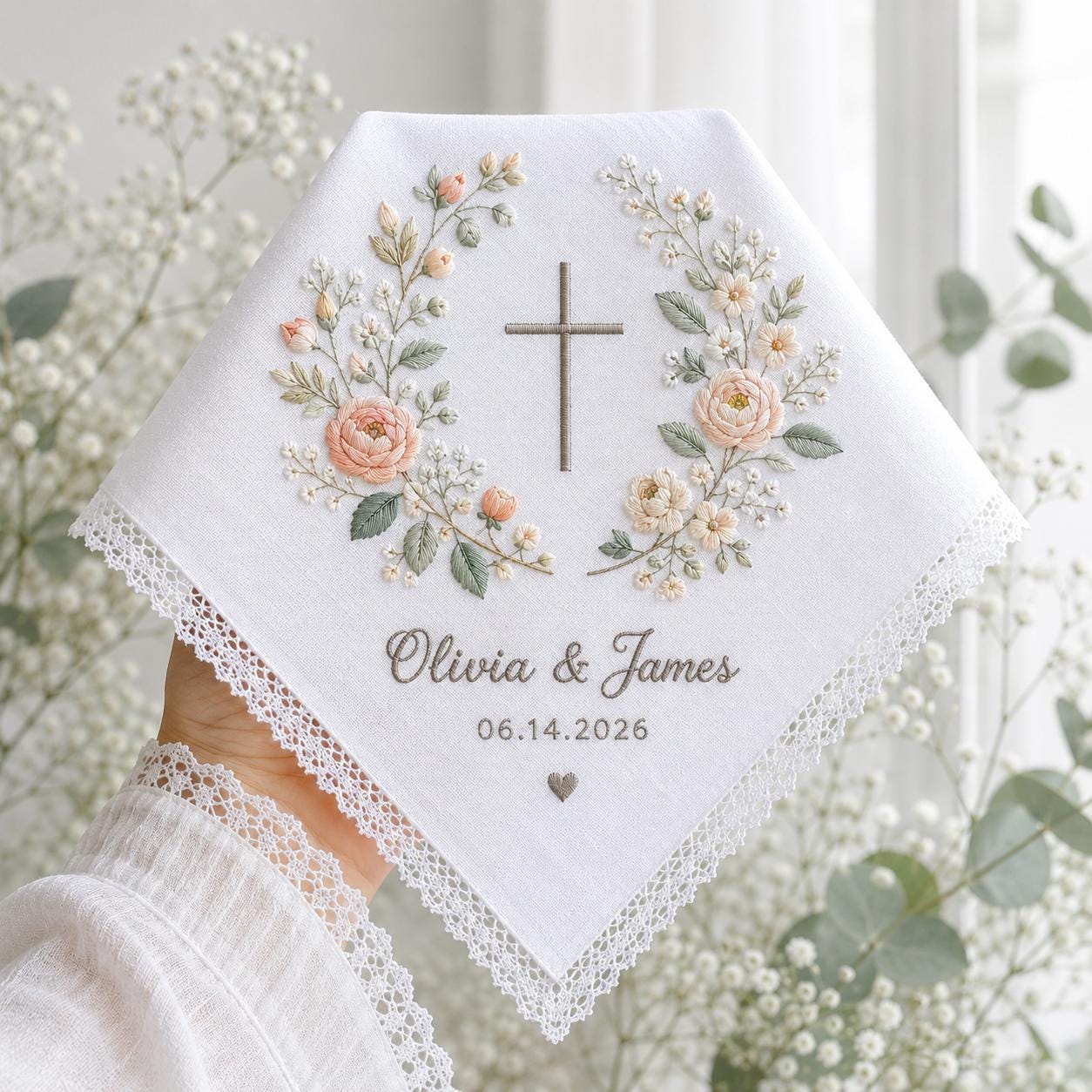 Personalized Embroidery Wedding Handkerchief with Christian Cross Floral Linen Hankie, Custom Name and Date Keepsake, Faith Wedding Gift - photo 10