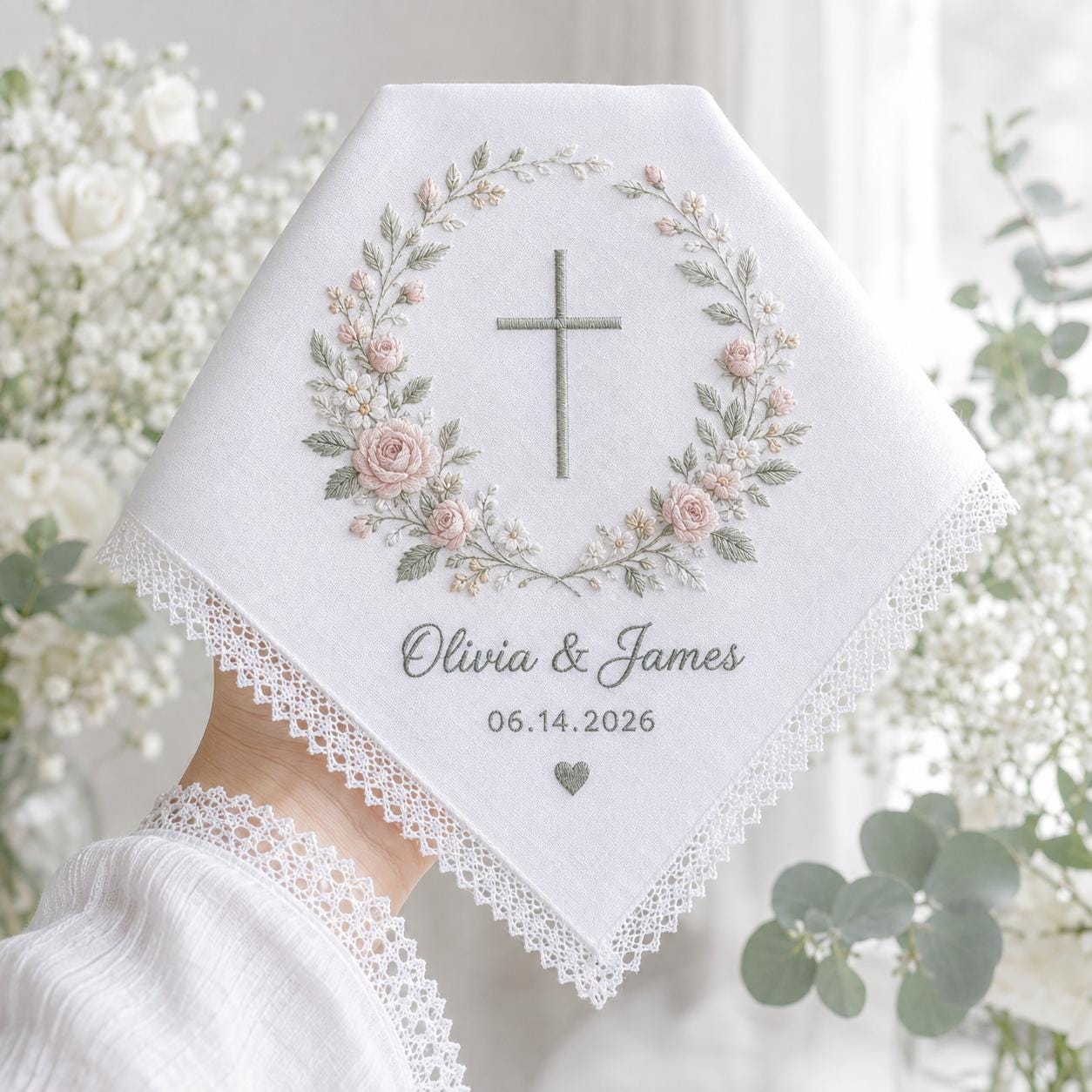 Personalized Embroidery Wedding Handkerchief with Christian Cross Floral Linen Hankie, Custom Name and Date Keepsake, Faith Wedding Gift - photo 11