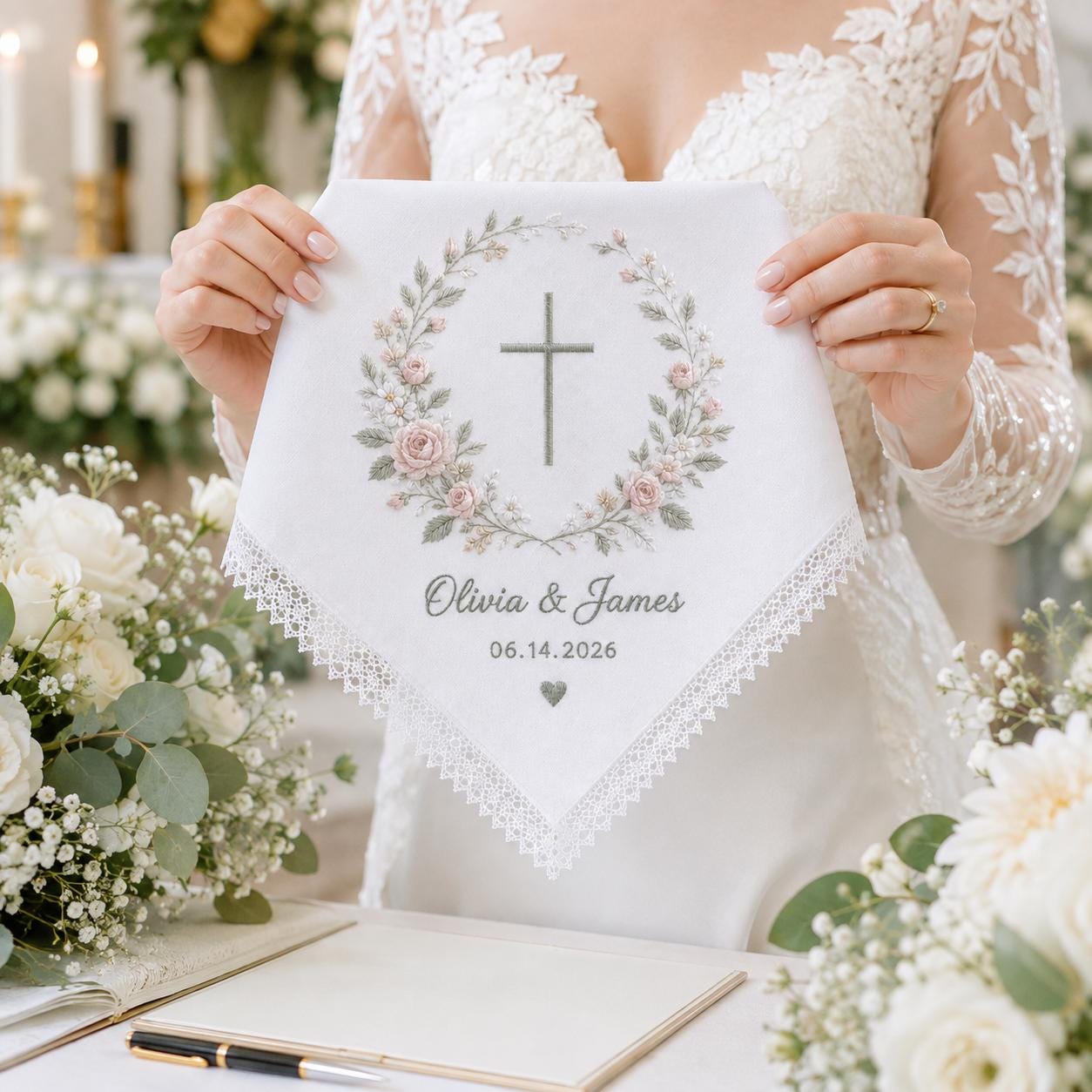 Personalized Embroidery Wedding Handkerchief with Christian Cross Floral Linen Hankie, Custom Name and Date Keepsake, Faith Wedding Gift - photo 13