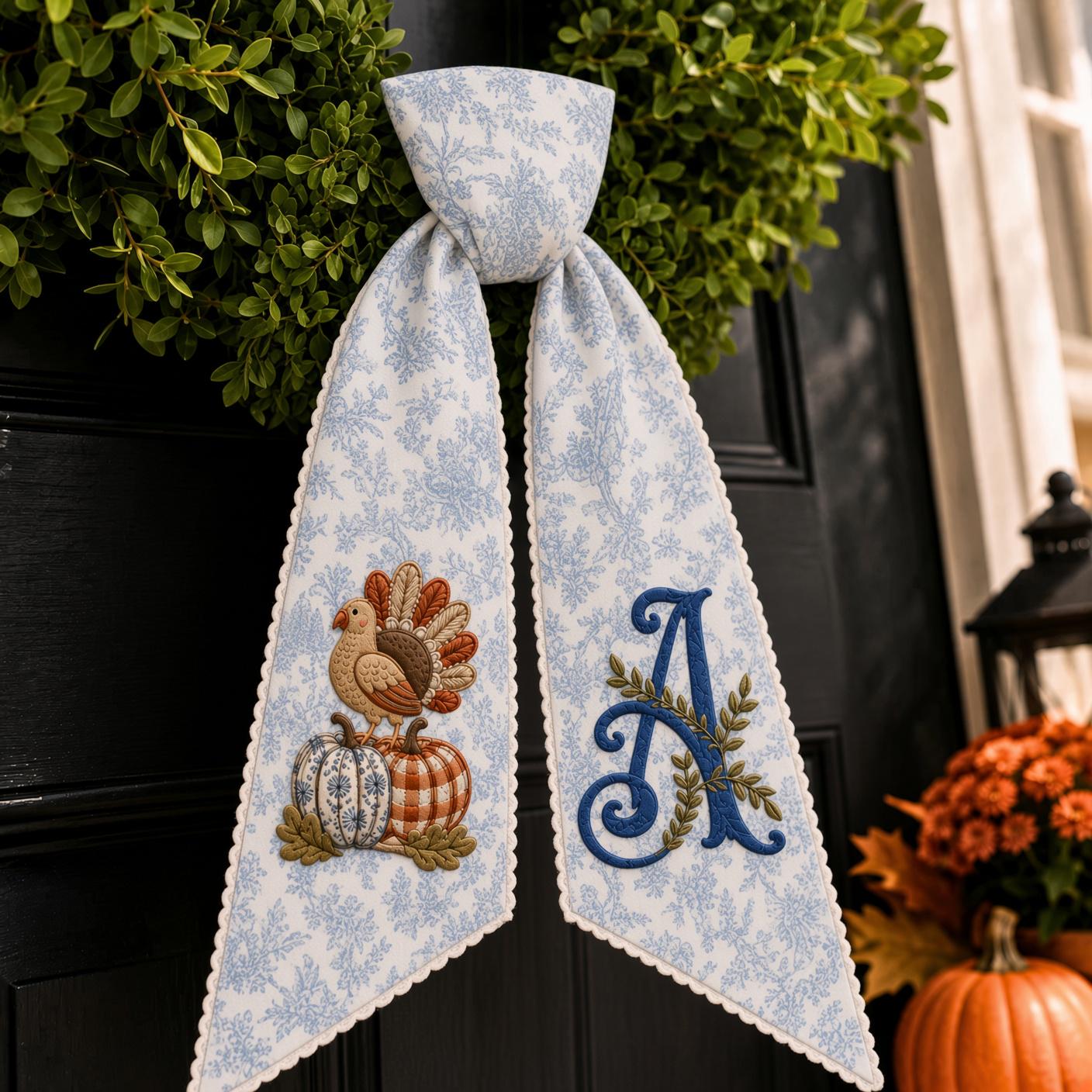 Personalized Embroidered Thanksgiving Turkey Monogram Wreath Sash – Fall Pumpkin Front Door Bow Decor, Autumn Hostess Housewarming Gift