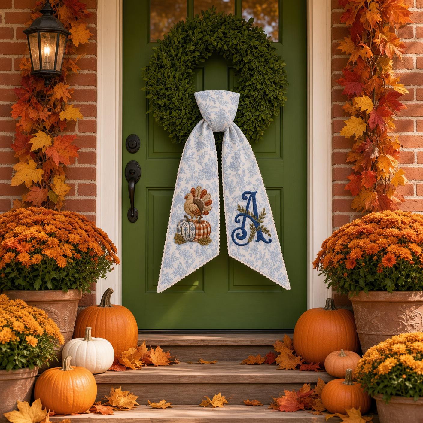 Personalized Embroidered Thanksgiving Turkey Monogram Wreath Sash – Fall Pumpkin Front Door Bow Decor, Autumn Hostess Housewarming Gift - photo 2