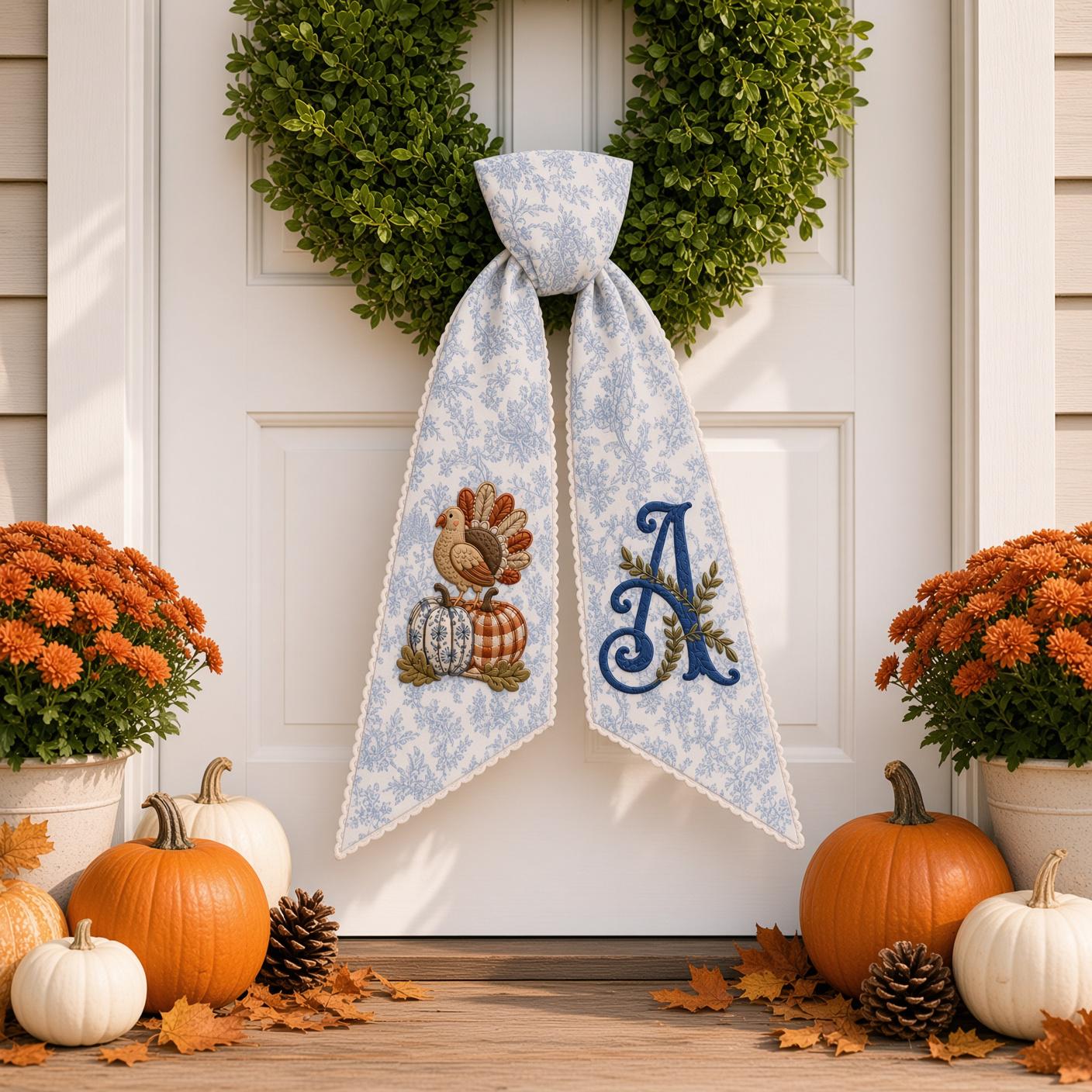 Personalized Embroidered Thanksgiving Turkey Monogram Wreath Sash – Fall Pumpkin Front Door Bow Decor, Autumn Hostess Housewarming Gift - photo 3