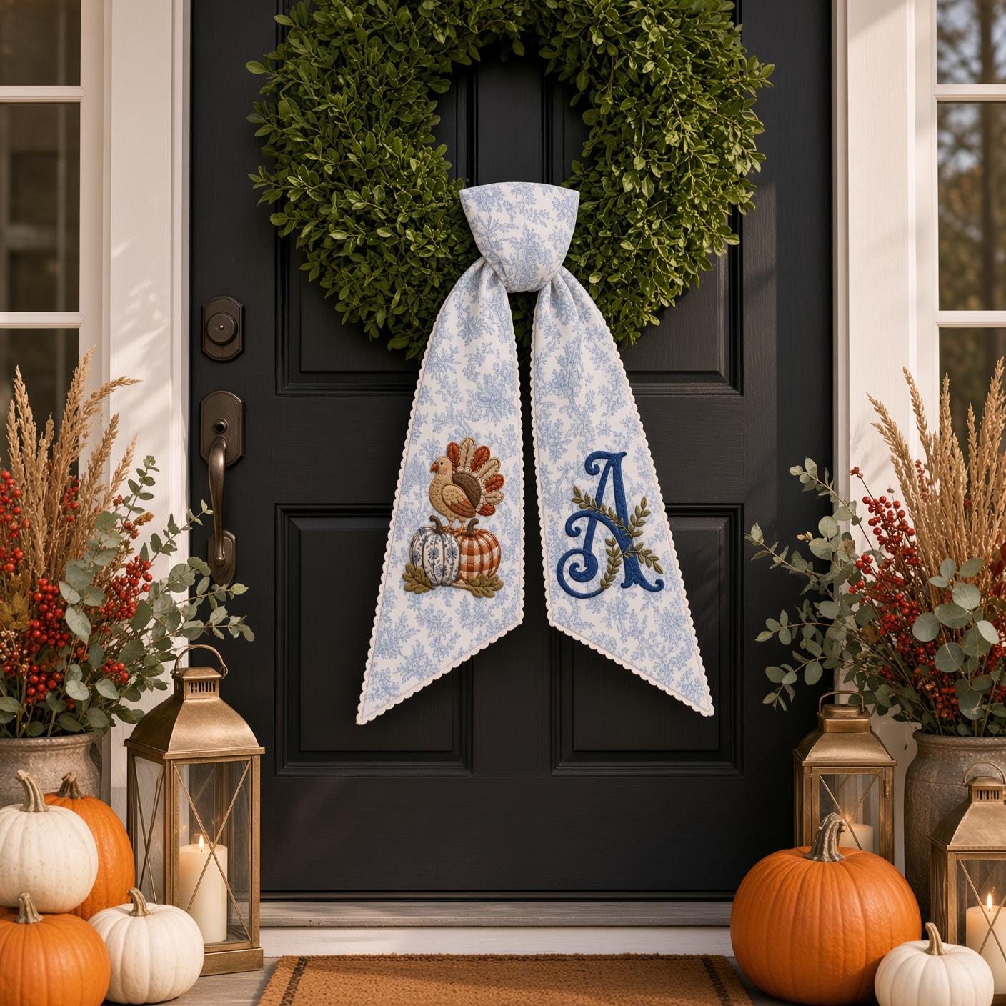 Personalized Embroidered Thanksgiving Turkey Monogram Wreath Sash – Fall Pumpkin Front Door Bow Decor, Autumn Hostess Housewarming Gift - photo 7