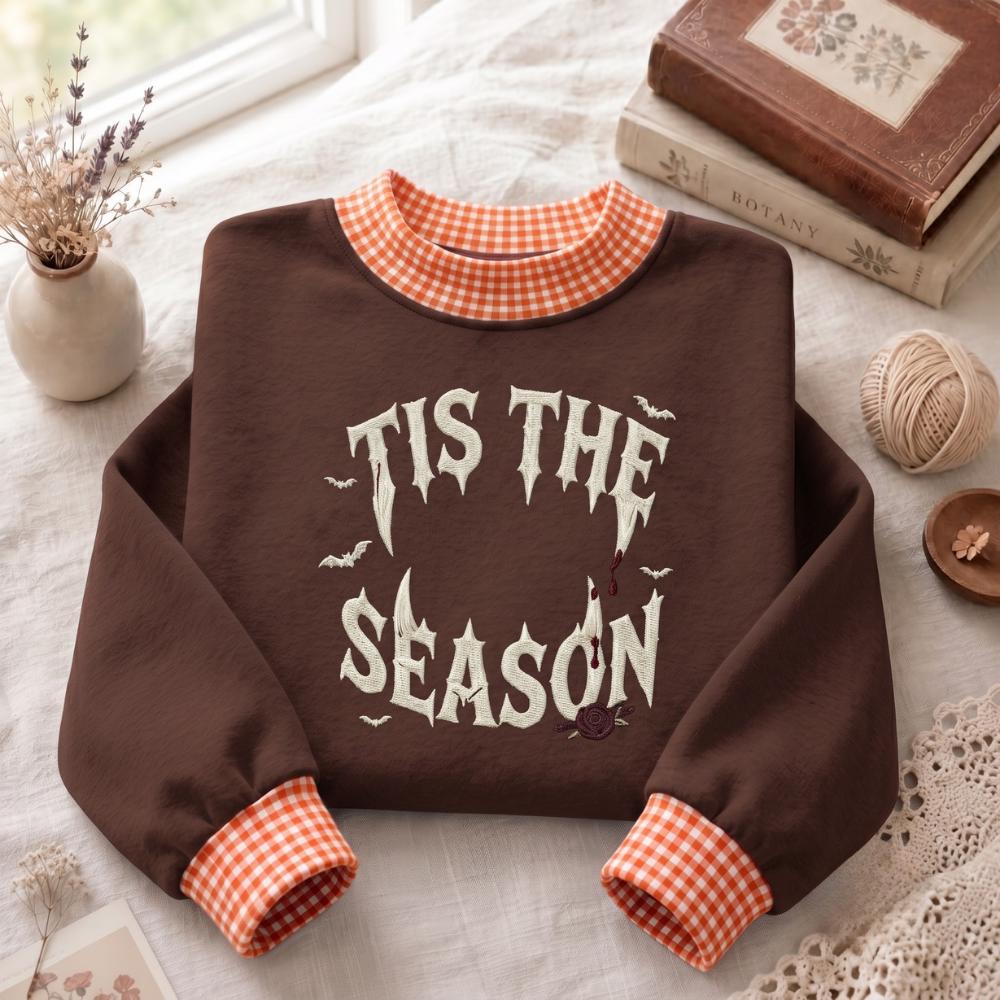 Tis The Season Embroidered Halloween Sweatshirt – Gothic Spooky Dark Fall Sweater, Vampire Style Bat Shirt And Crewneck