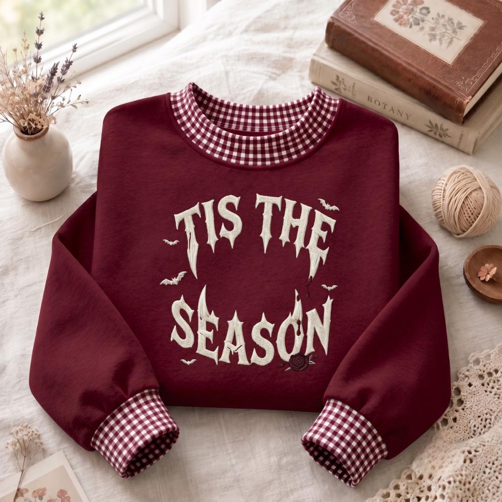 Tis The Season Embroidered Halloween Sweatshirt – Gothic Spooky Dark Fall Sweater, Vampire Style Bat Shirt And Crewneck - photo 2
