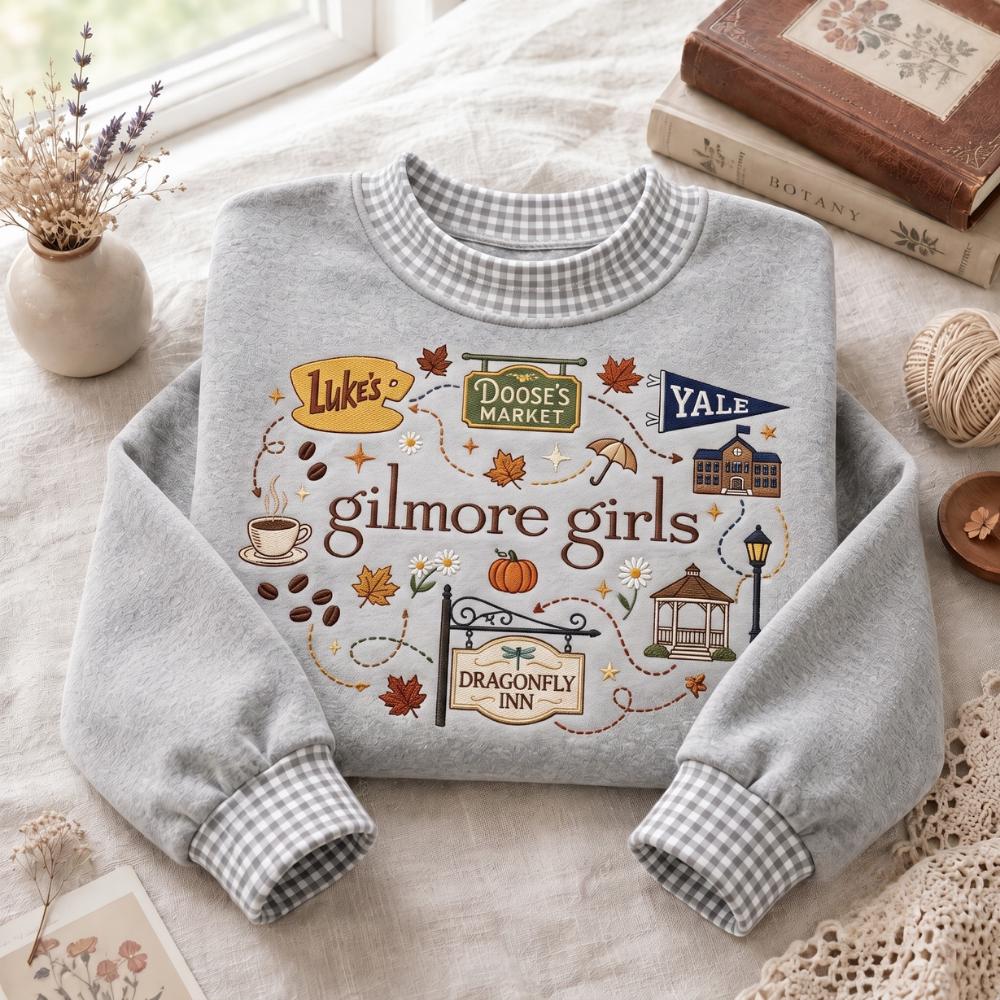 Cute Embroidered Small Town Pumpkin Caf Inspired Fall Sweatshirt – Cozy Autumn Bookish Coffee Lover Sweater And Crewneck Shirt