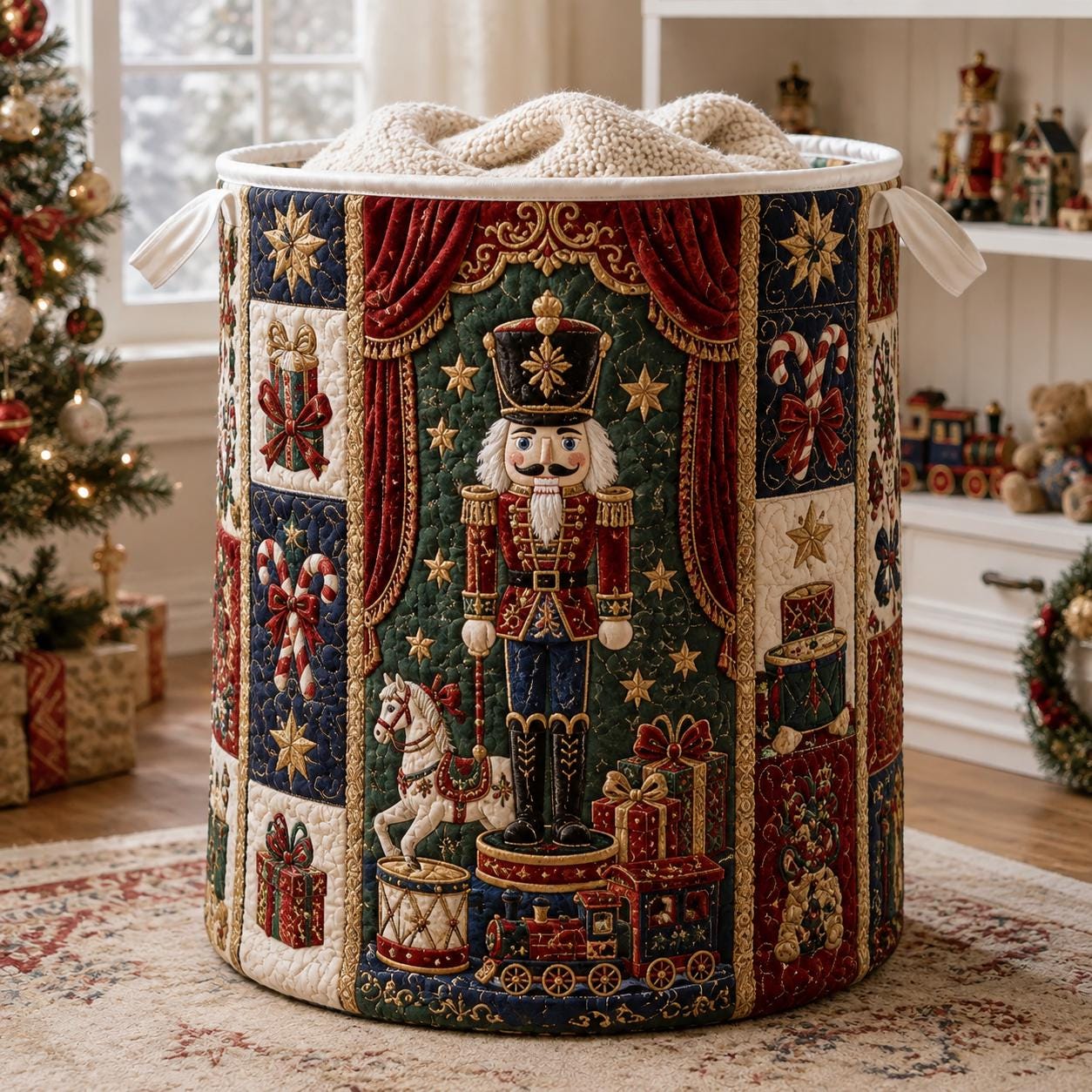 Nutcracker Laundry Basket with Quilt Style Christmas Hamper Toy Soldier Storage Bin Holiday Organizer Gift