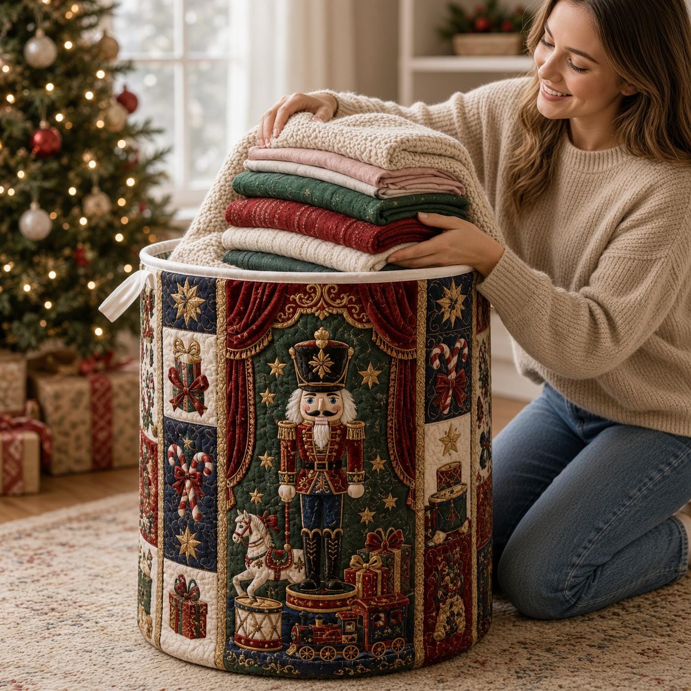 Nutcracker Laundry Basket with Quilt Style Christmas Hamper Toy Soldier Storage Bin Holiday Organizer Gift - photo 6