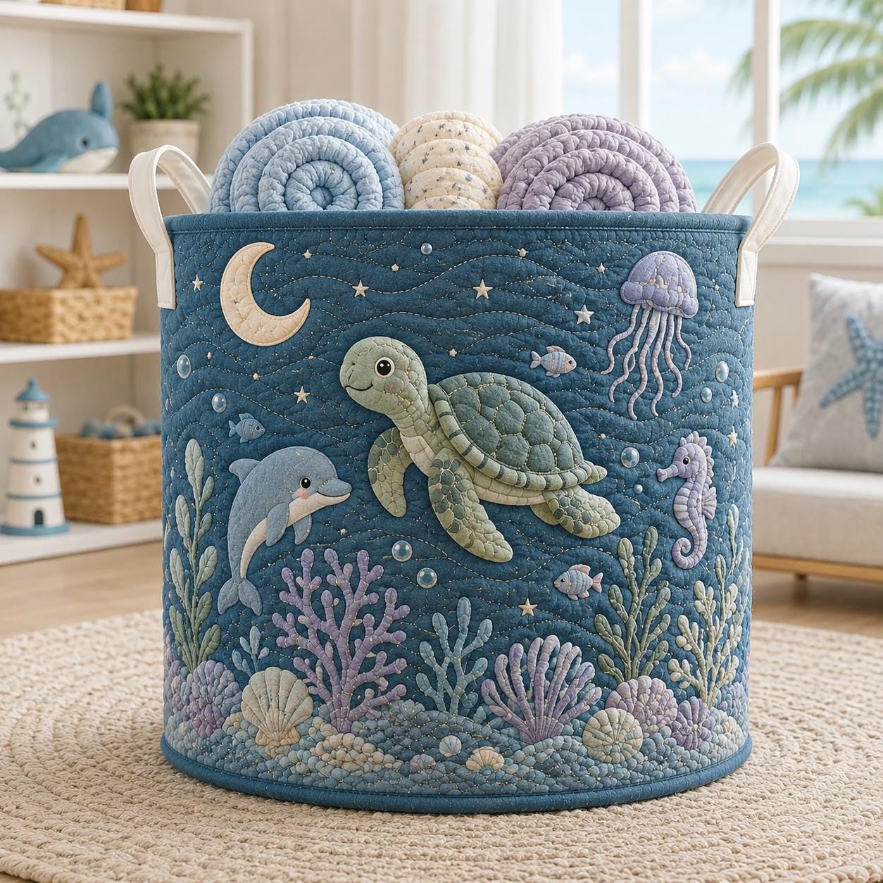 Sea Turtle Laundry Basket with Quilt Style Ocean Hamper, Marine Life Nursery Storage Bin, Kids Laundry Organizer, and Baby Gift