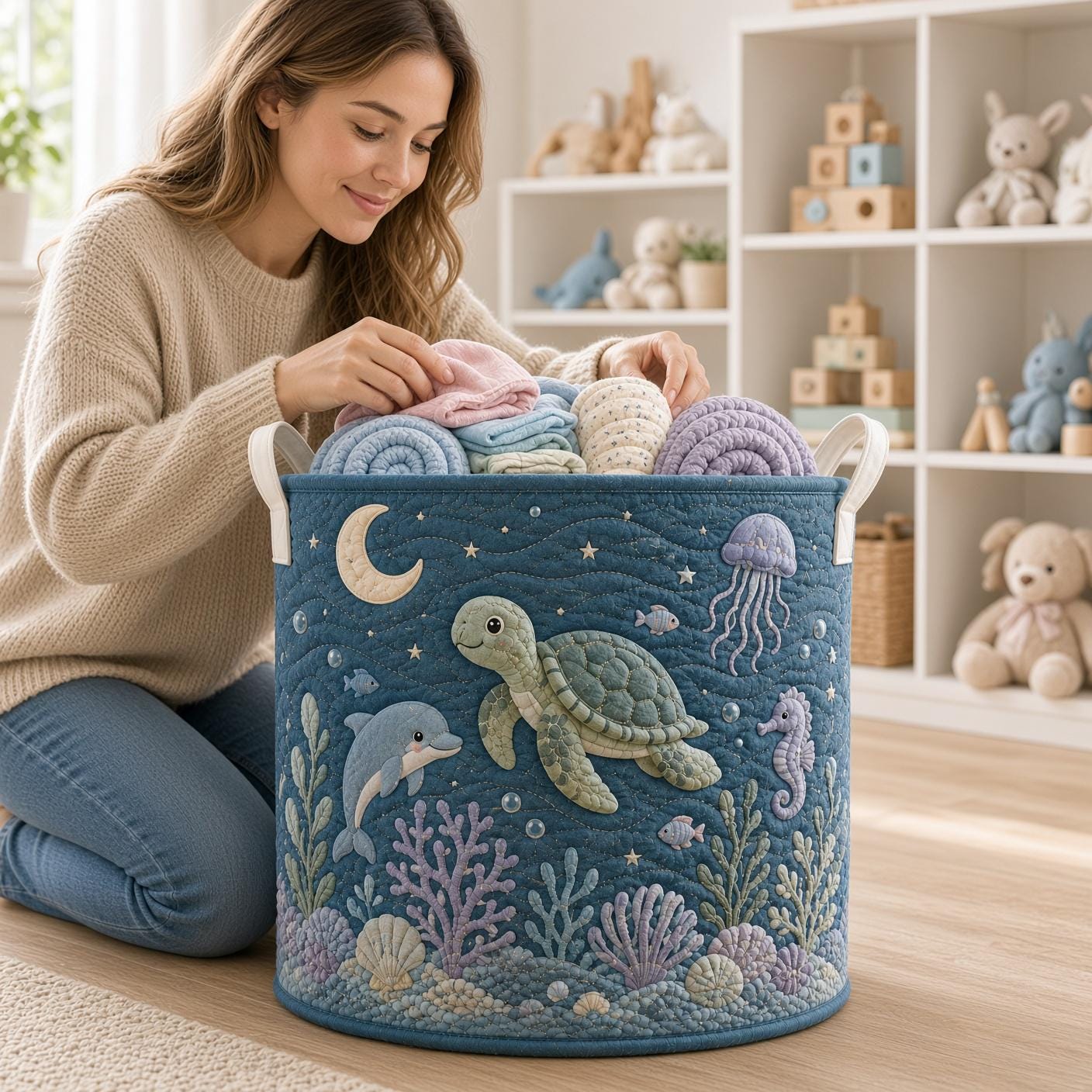 Sea Turtle Laundry Basket with Quilt Style Ocean Hamper, Marine Life Nursery Storage Bin, Kids Laundry Organizer, and Baby Gift - photo 2