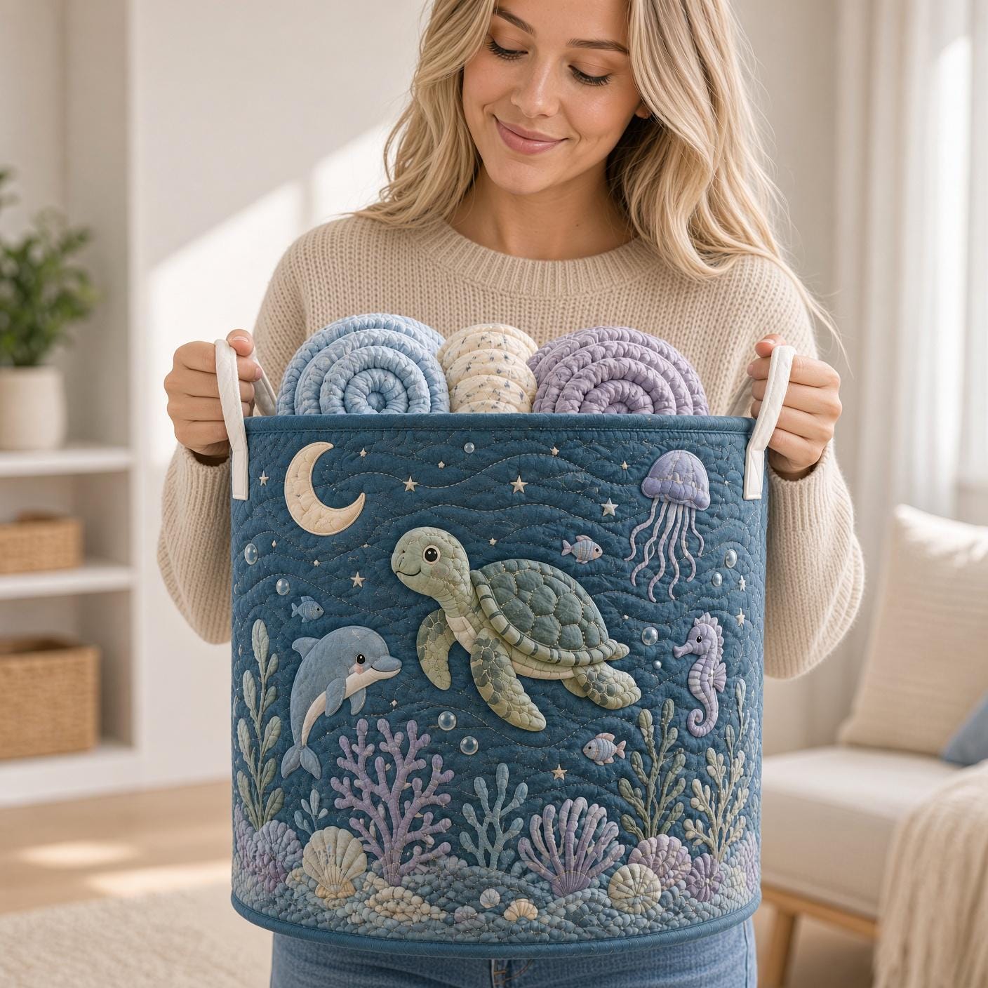 Sea Turtle Laundry Basket with Quilt Style Ocean Hamper, Marine Life Nursery Storage Bin, Kids Laundry Organizer, and Baby Gift - photo 3