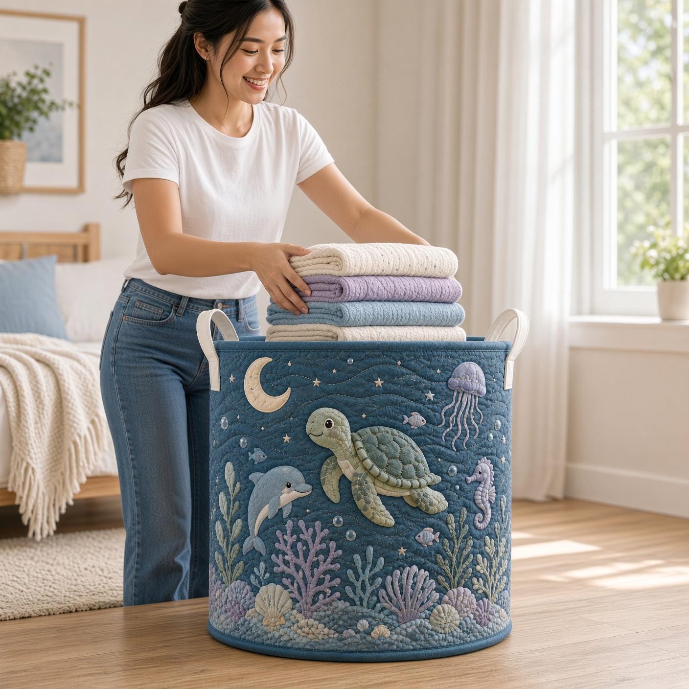 Sea Turtle Laundry Basket with Quilt Style Ocean Hamper, Marine Life Nursery Storage Bin, Kids Laundry Organizer, and Baby Gift - photo 5