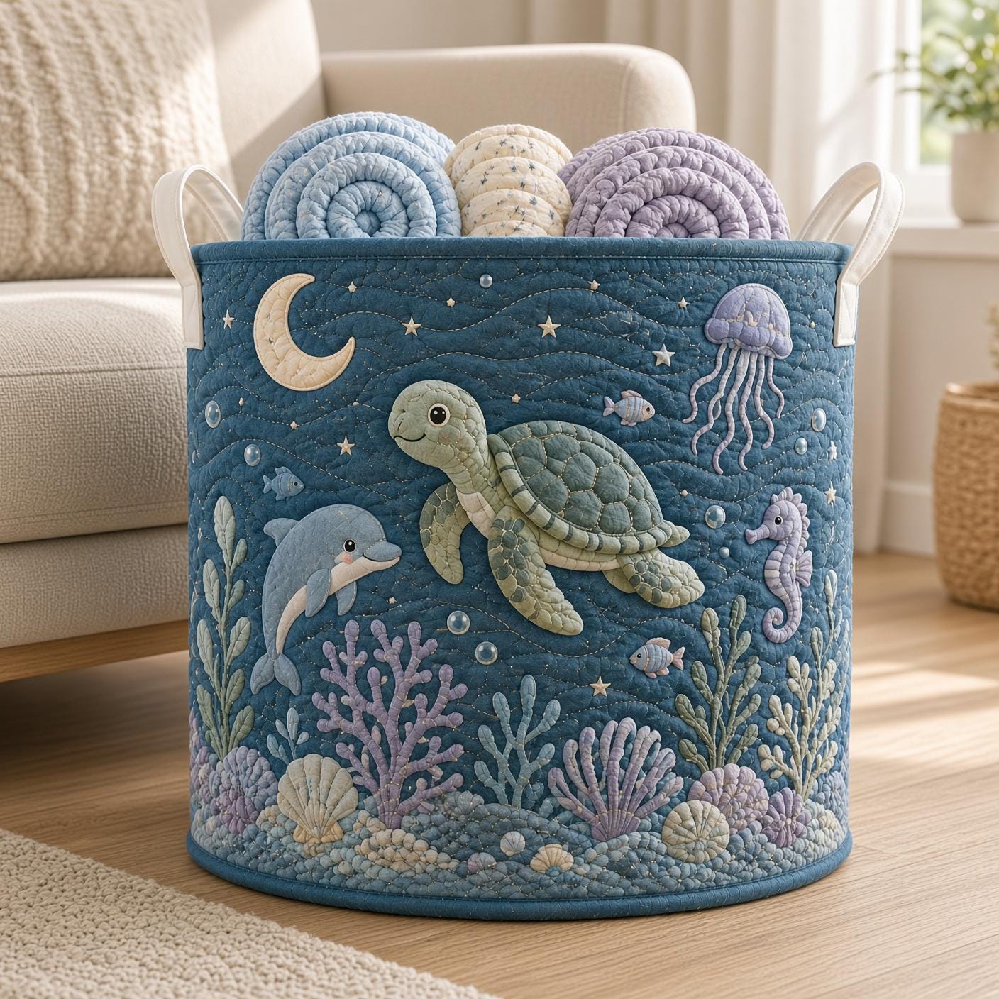 Sea Turtle Laundry Basket with Quilt Style Ocean Hamper, Marine Life Nursery Storage Bin, Kids Laundry Organizer, and Baby Gift - photo 6