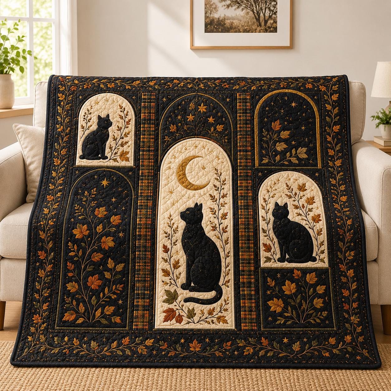 Black Cat Blanket with Celestial Cat Throw, Moon and Stars Quilt Style Blanket, Halloween Fall Home Decor, and Witchy Cat Lover Gift