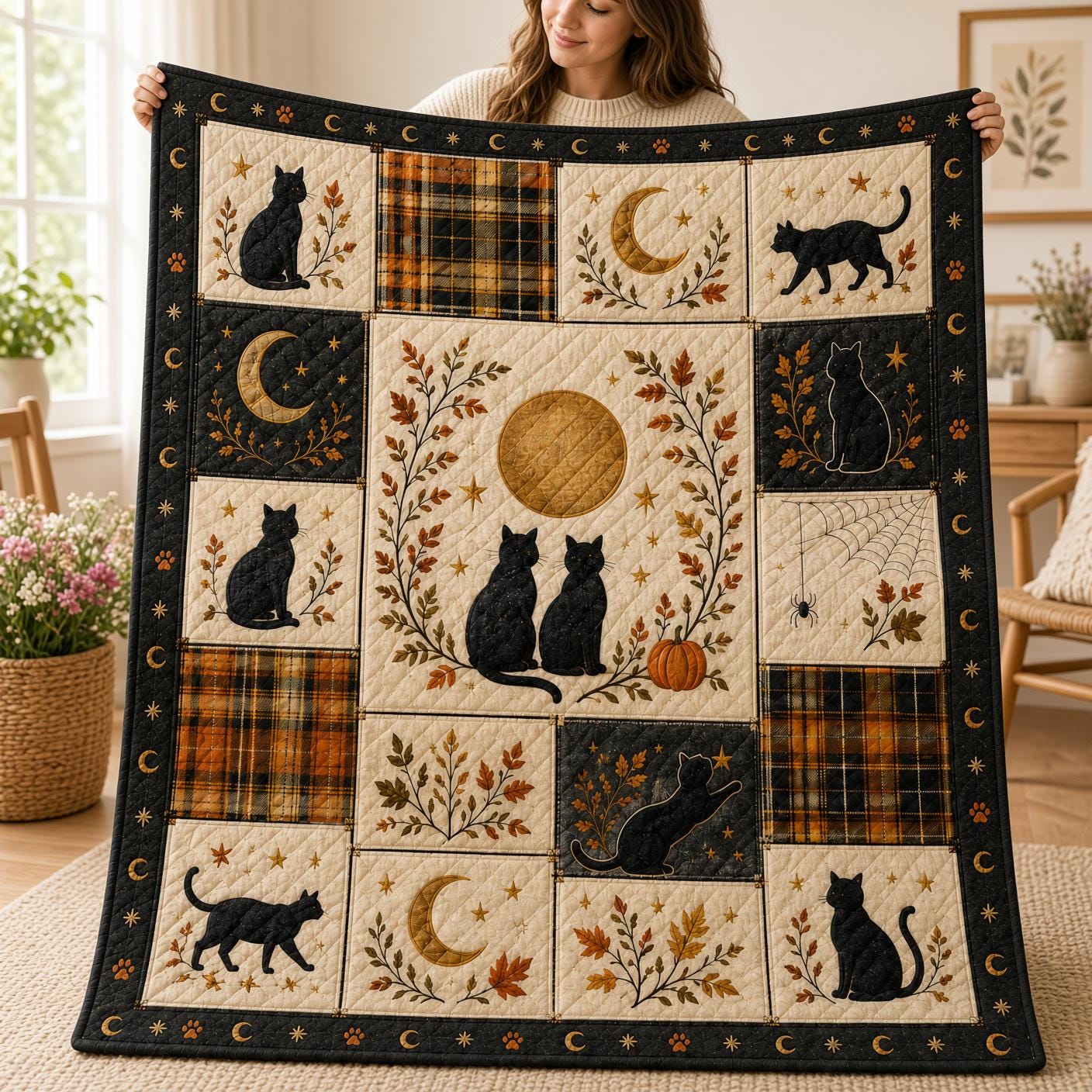Black Cat Blanket with Celestial Cat Throw, Moon and Stars Quilt Style Blanket, Halloween Fall Home Decor, and Witchy Cat Lover Gift - photo 2