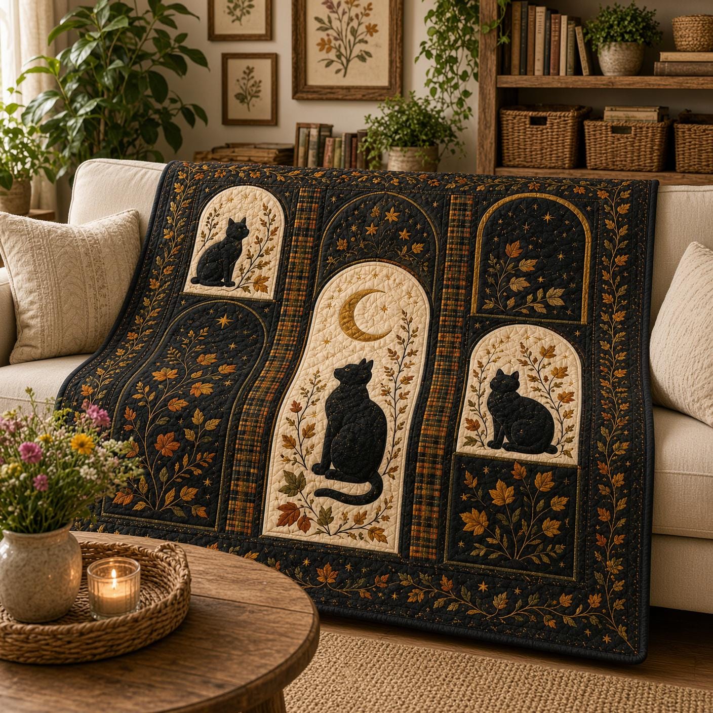 Black Cat Blanket with Celestial Cat Throw, Moon and Stars Quilt Style Blanket, Halloween Fall Home Decor, and Witchy Cat Lover Gift - photo 6