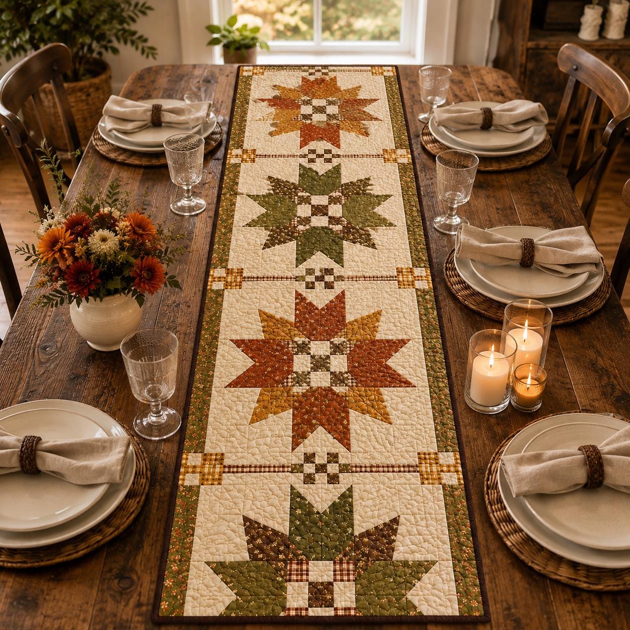 Fall Maple Table Runner with Quilt Style Autumn Table Decor, Harvest Star Patchwork Runner, and Thanksgiving Farmhouse Dining Decor