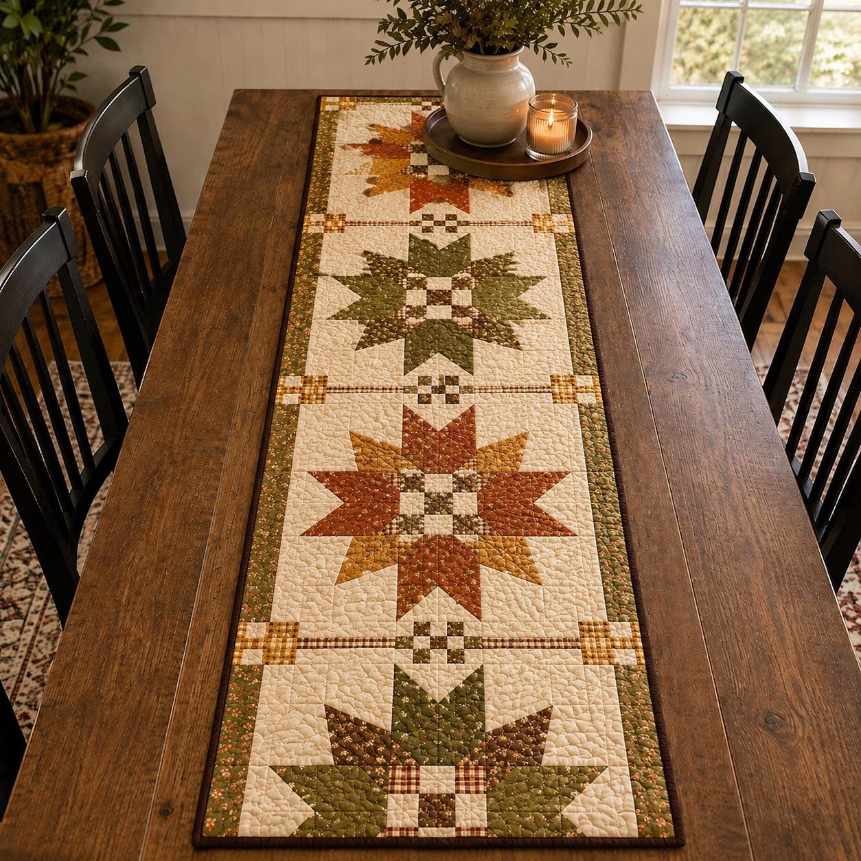 Fall Maple Table Runner with Quilt Style Autumn Table Decor, Harvest Star Patchwork Runner, and Thanksgiving Farmhouse Dining Decor - photo 2