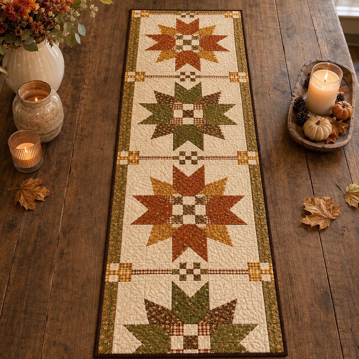 Fall Maple Table Runner with Quilt Style Autumn Table Decor, Harvest Star Patchwork Runner, and Thanksgiving Farmhouse Dining Decor - photo 4