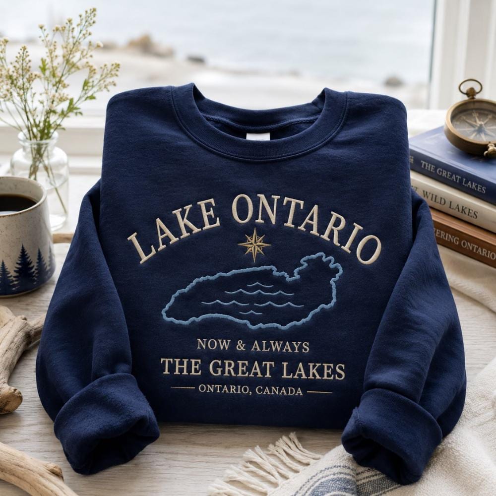 Lake Ontario Great Lakes Map Embroidered Sweatshirt – Canadian Canada Lake Life Shirt, Nautical Sweater And Cottage Gift For Lover