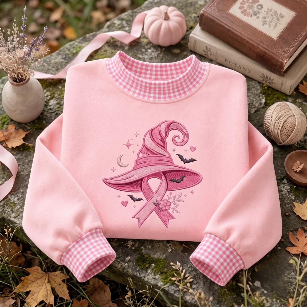 Embroidered Breast Cancer Awareness Witch Hat Halloween Sweatshirt – Pink Ribbon Support Shirt, Survivor Fighter Gift And Sweater