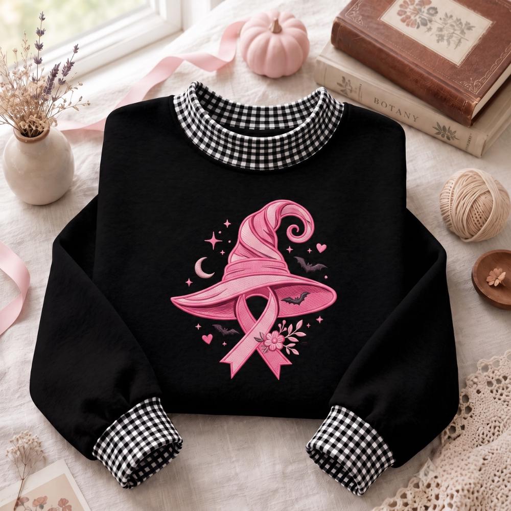 Embroidered Breast Cancer Awareness Witch Hat Halloween Sweatshirt – Pink Ribbon Support Shirt, Survivor Fighter Gift And Sweater - photo 2