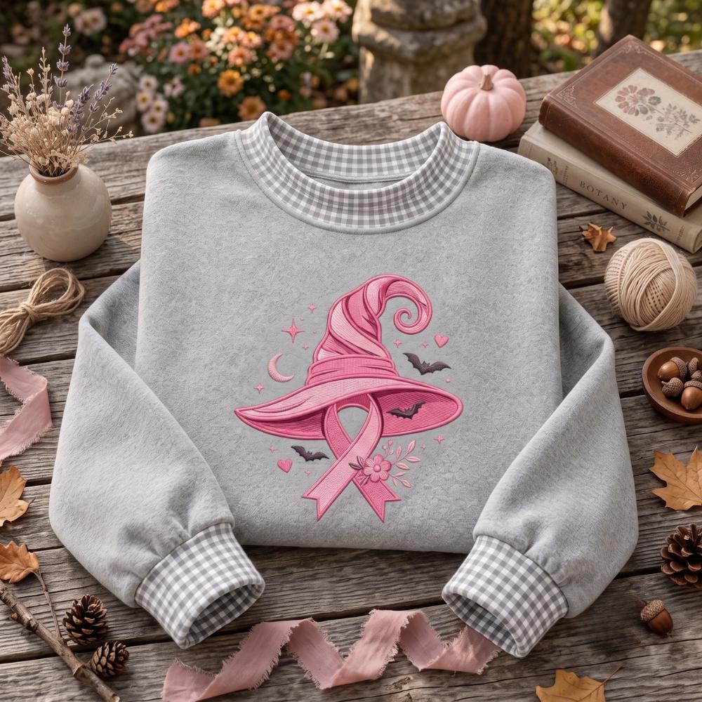 Embroidered Breast Cancer Awareness Witch Hat Halloween Sweatshirt – Pink Ribbon Support Shirt, Survivor Fighter Gift And Sweater - photo 6
