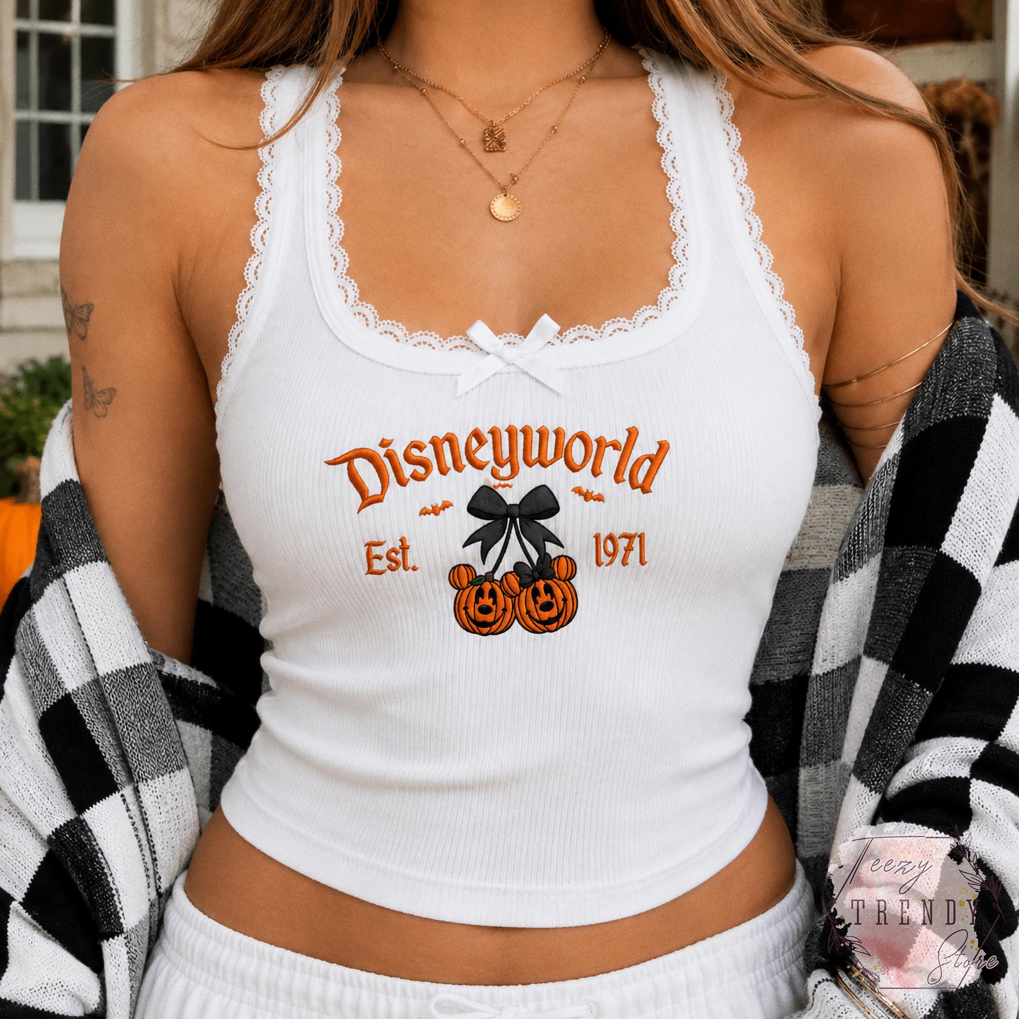 Embroidered Coquette Bow Mickey and Minnie Pumpkin Disney Halloween Lace Trim Tank Top – Baby Tee Women's Tank for WDW Disneyworld