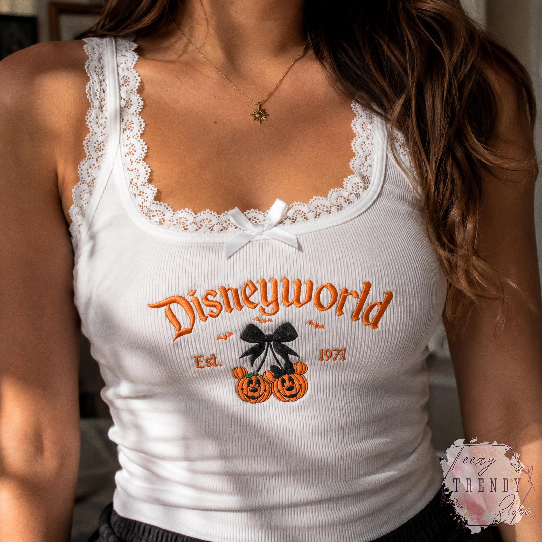 Embroidered Coquette Bow Mickey and Minnie Pumpkin Disney Halloween Lace Trim Tank Top – Baby Tee Women's Tank for WDW Disneyworld - photo 3