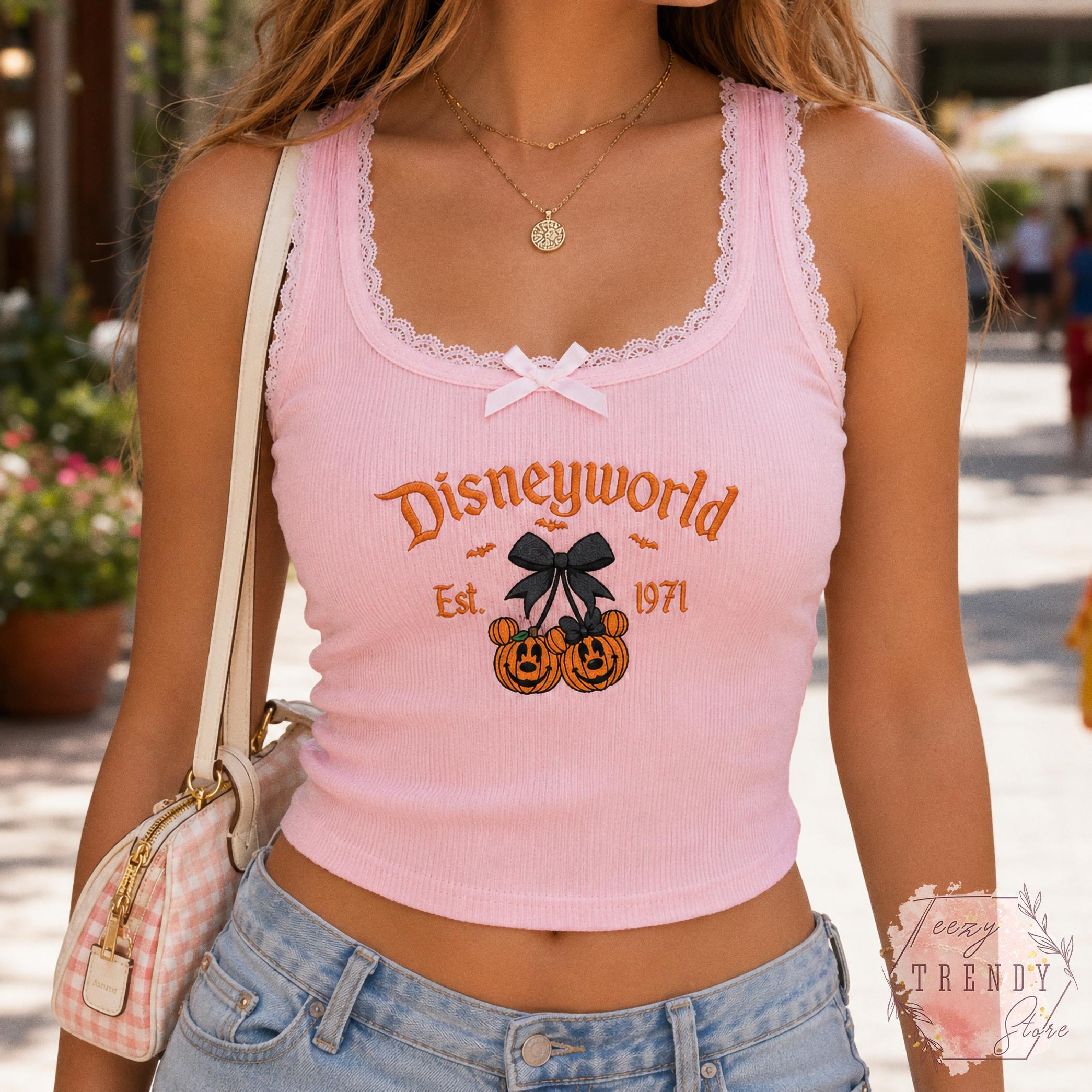Embroidered Coquette Bow Mickey and Minnie Pumpkin Disney Halloween Lace Trim Tank Top – Baby Tee Women's Tank for WDW Disneyworld - photo 7