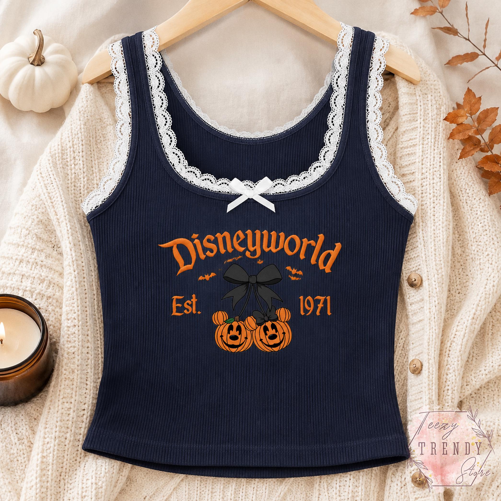 Embroidered Coquette Bow Mickey and Minnie Pumpkin Disney Halloween Lace Trim Tank Top – Baby Tee Women's Tank for WDW Disneyworld - photo 10