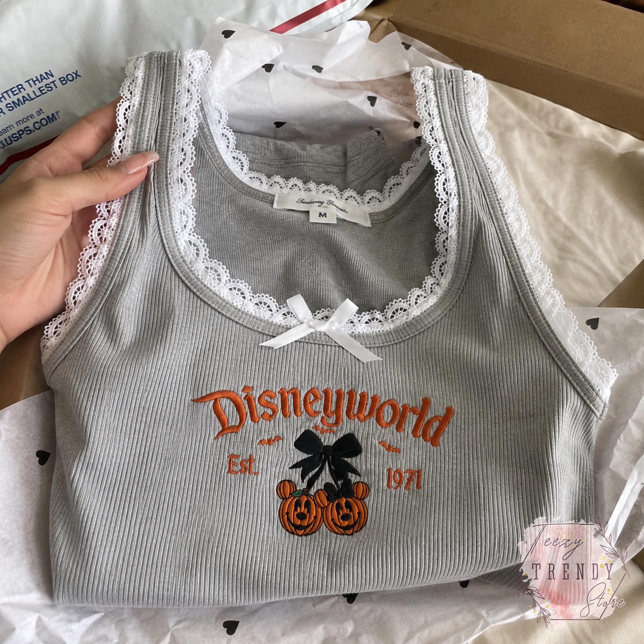 Embroidered Coquette Bow Mickey and Minnie Pumpkin Disney Halloween Lace Trim Tank Top – Baby Tee Women's Tank for WDW Disneyworld - photo 15