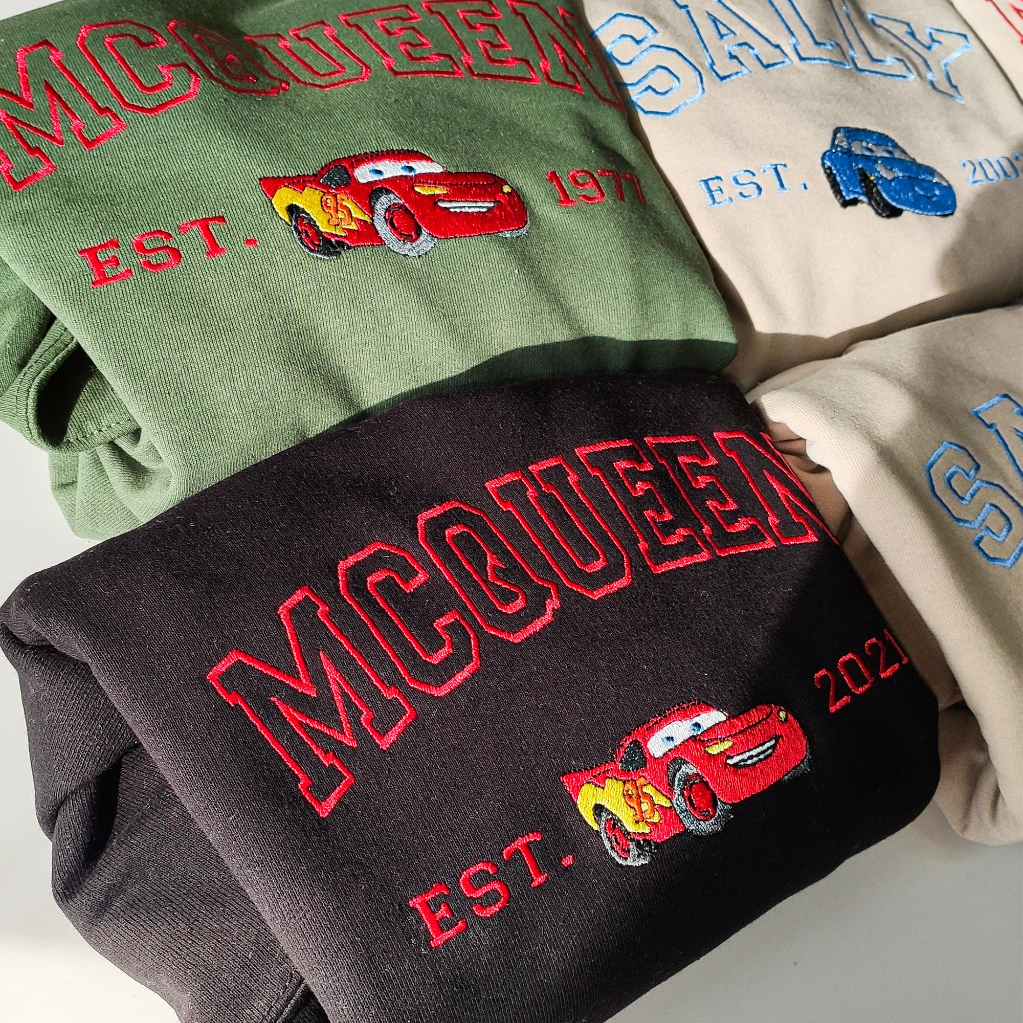 Personalized Embroidered McQueen and Sally Couple Sweatshirt with Disney Cars Family Top Embroidery Design