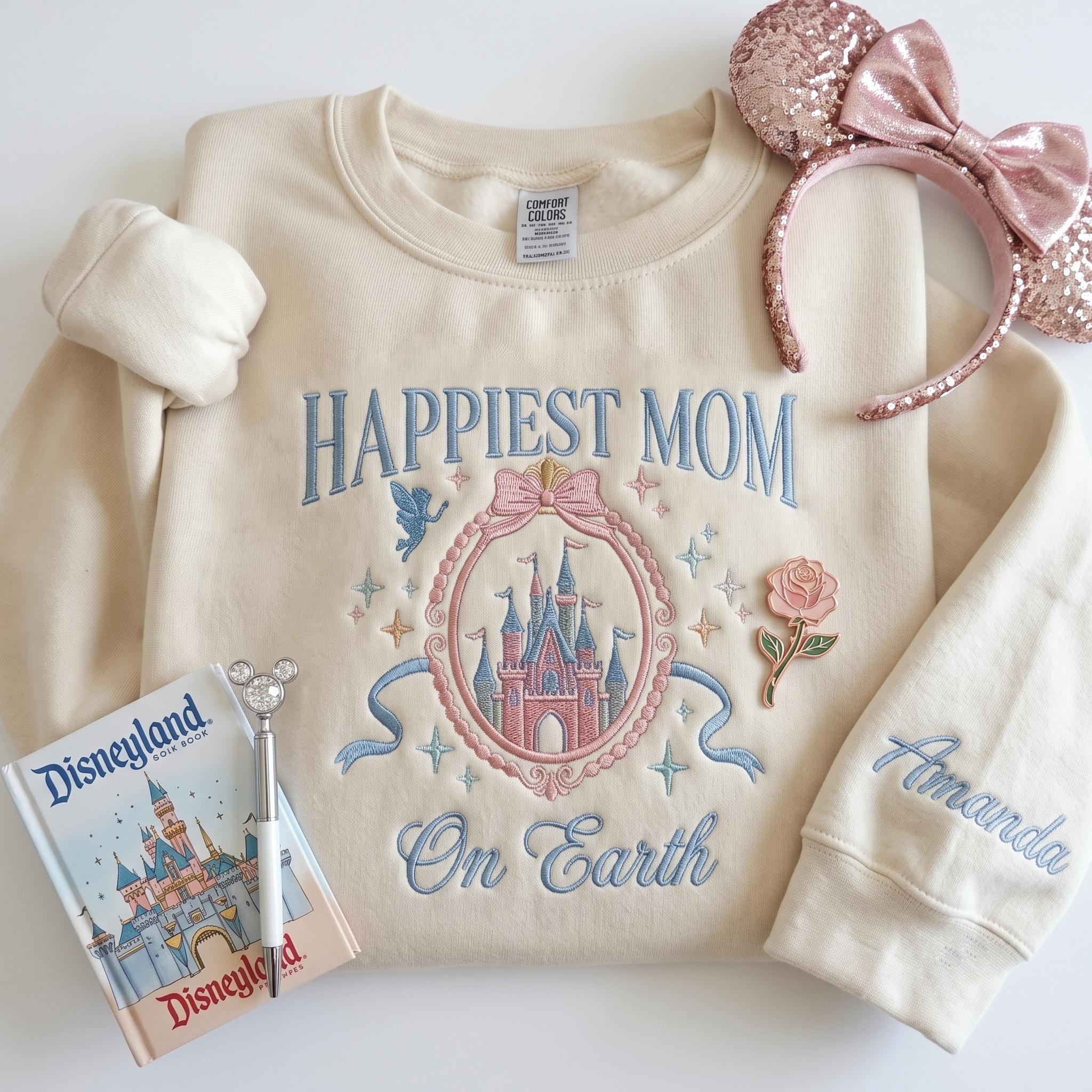 Embroidered Coquette Happiest Mom on Earth Sweatshirt with Magic Castle Bow Crewneck for Mother's Day Disney Gift