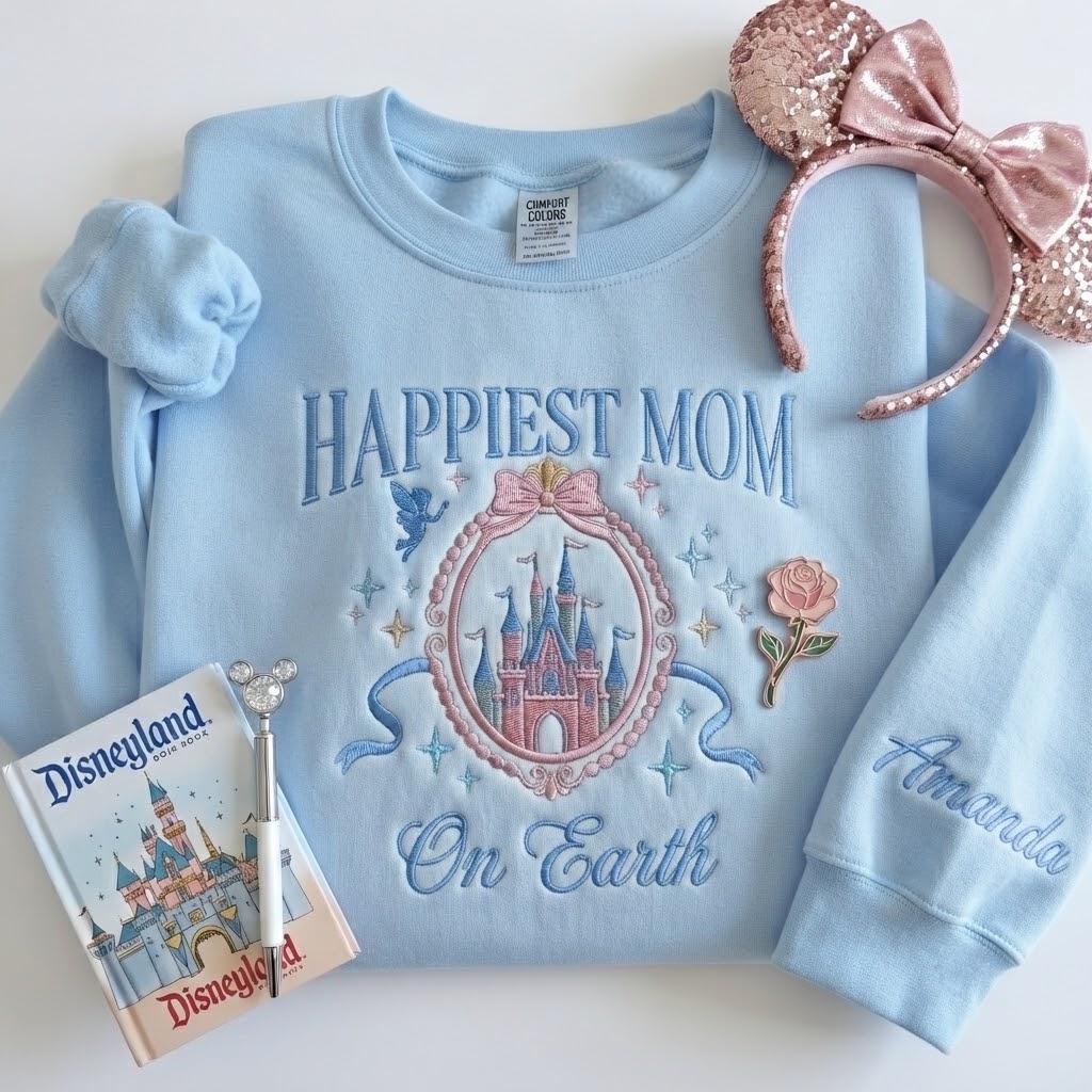 Embroidered Coquette Happiest Mom on Earth Sweatshirt with Magic Castle Bow Crewneck for Mother's Day Disney Gift - photo 2