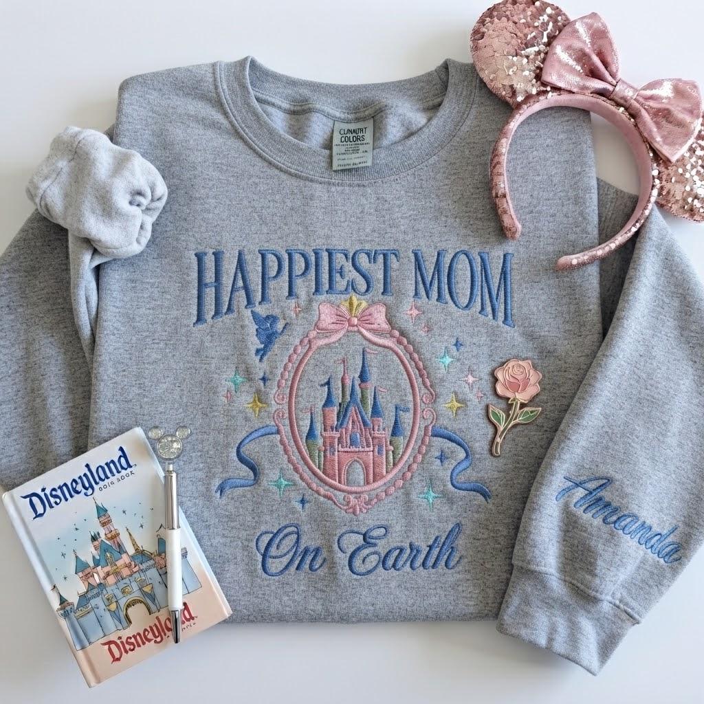 Embroidered Coquette Happiest Mom on Earth Sweatshirt with Magic Castle Bow Crewneck for Mother's Day Disney Gift - photo 3