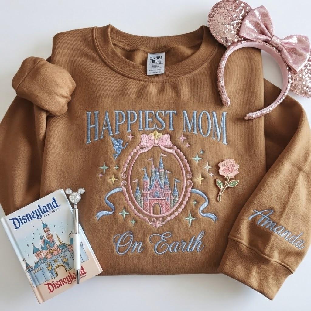 Embroidered Coquette Happiest Mom on Earth Sweatshirt with Magic Castle Bow Crewneck for Mother's Day Disney Gift - photo 4