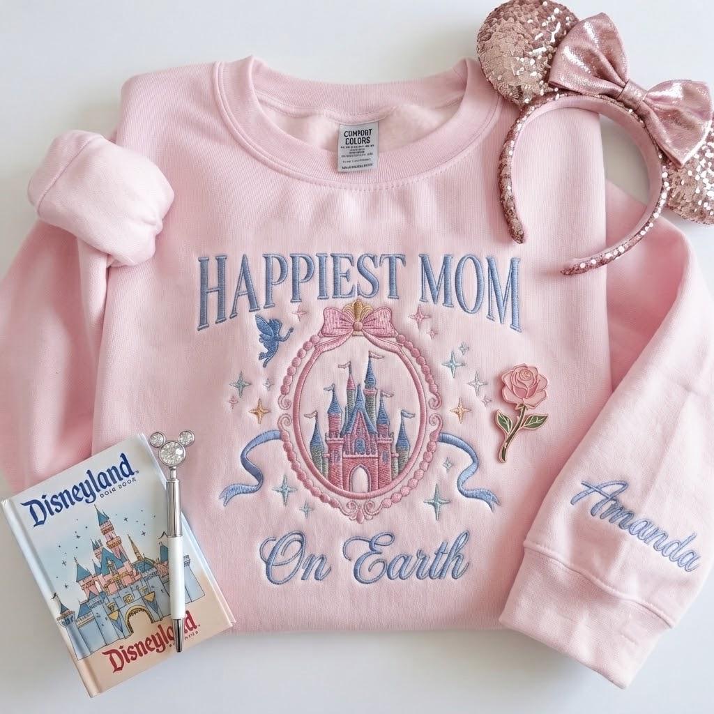 Embroidered Coquette Happiest Mom on Earth Sweatshirt with Magic Castle Bow Crewneck for Mother's Day Disney Gift - photo 6