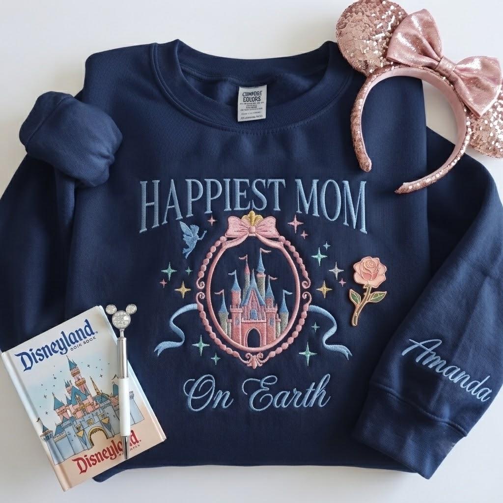Embroidered Coquette Happiest Mom on Earth Sweatshirt with Magic Castle Bow Crewneck for Mother's Day Disney Gift - photo 7