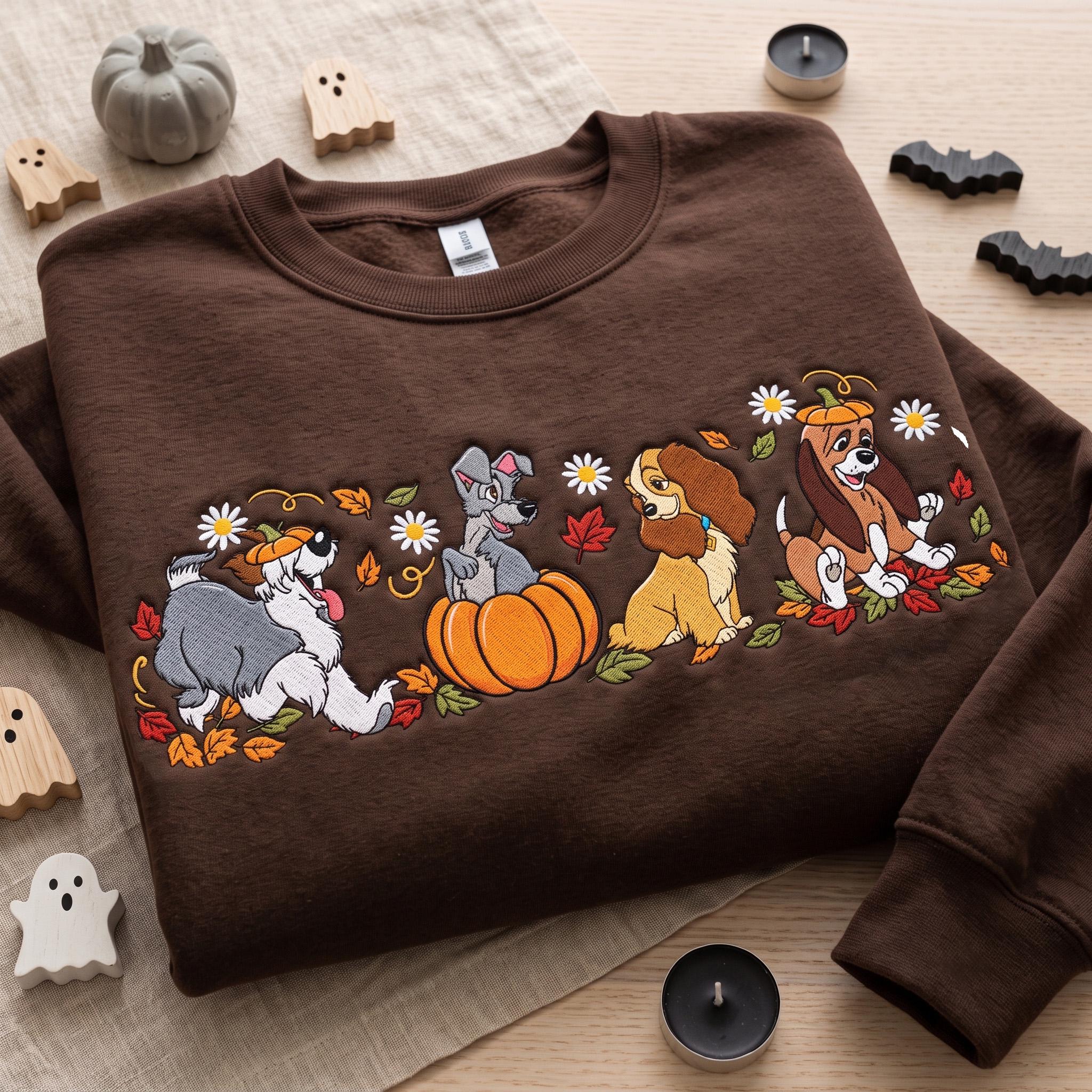 Embroidered Disney Dogs Pumpkin Sweatshirt with Lady Tramp Copper Max Crewneck – Cute Fall Autumn Leaves Thanksgiving Dog Lover Gift Shirt