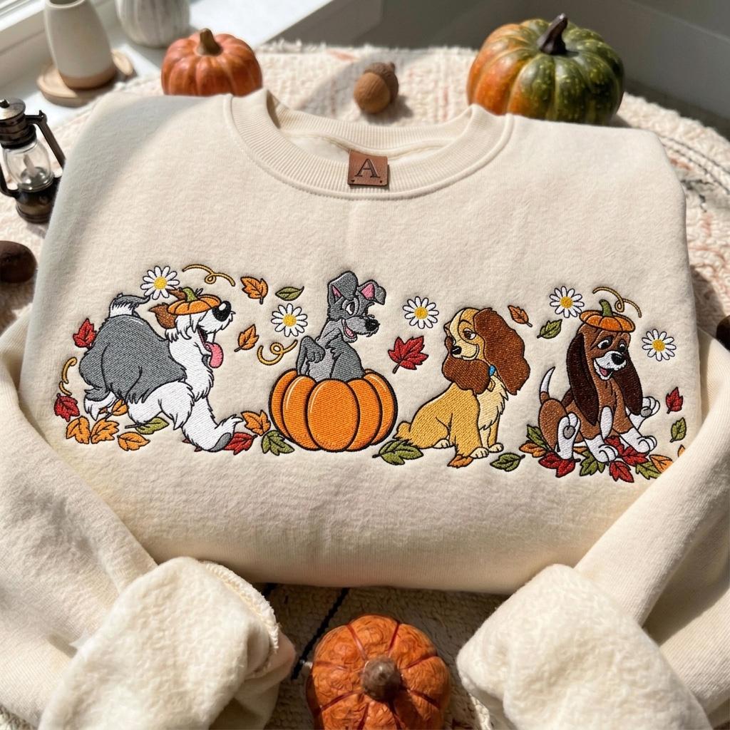 Embroidered Disney Dogs Pumpkin Sweatshirt with Lady Tramp Copper Max Crewneck – Cute Fall Autumn Leaves Thanksgiving Dog Lover Gift Shirt - photo 2