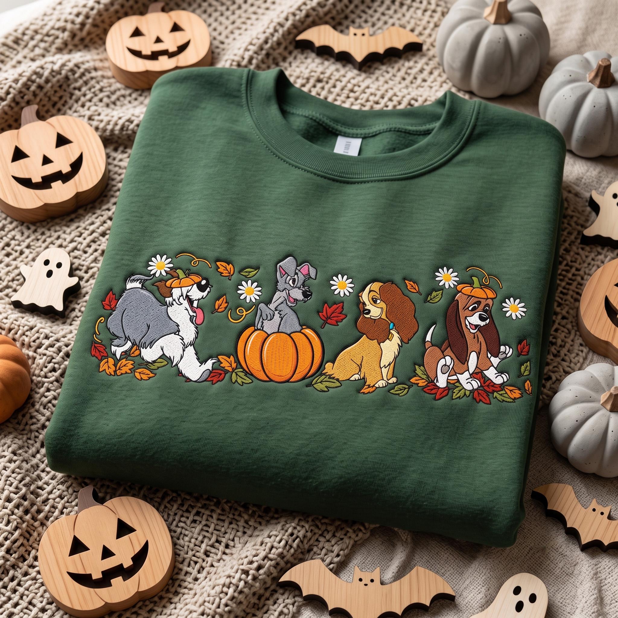 Embroidered Disney Dogs Pumpkin Sweatshirt with Lady Tramp Copper Max Crewneck – Cute Fall Autumn Leaves Thanksgiving Dog Lover Gift Shirt - photo 3