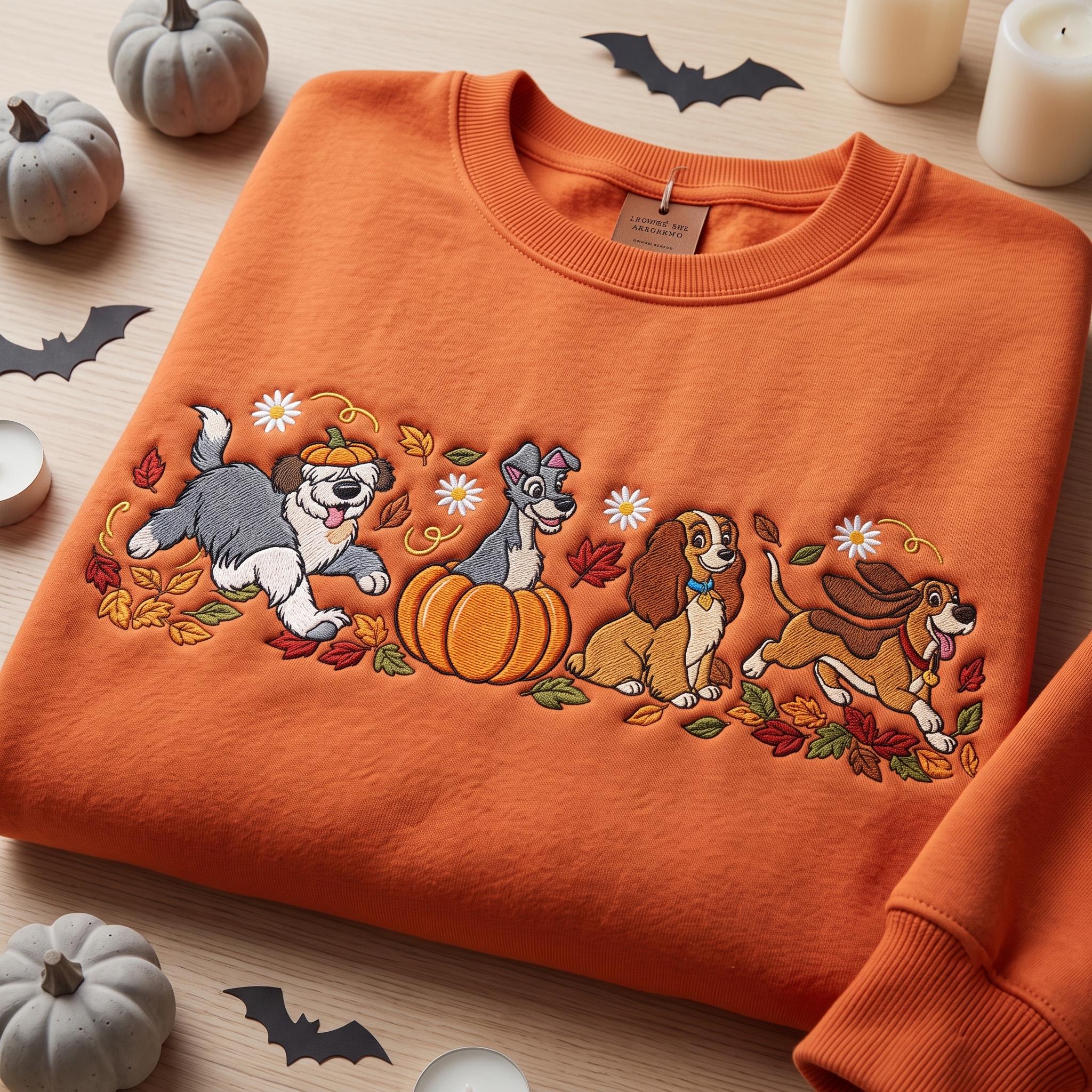 Embroidered Disney Dogs Pumpkin Sweatshirt with Lady Tramp Copper Max Crewneck – Cute Fall Autumn Leaves Thanksgiving Dog Lover Gift Shirt - photo 4