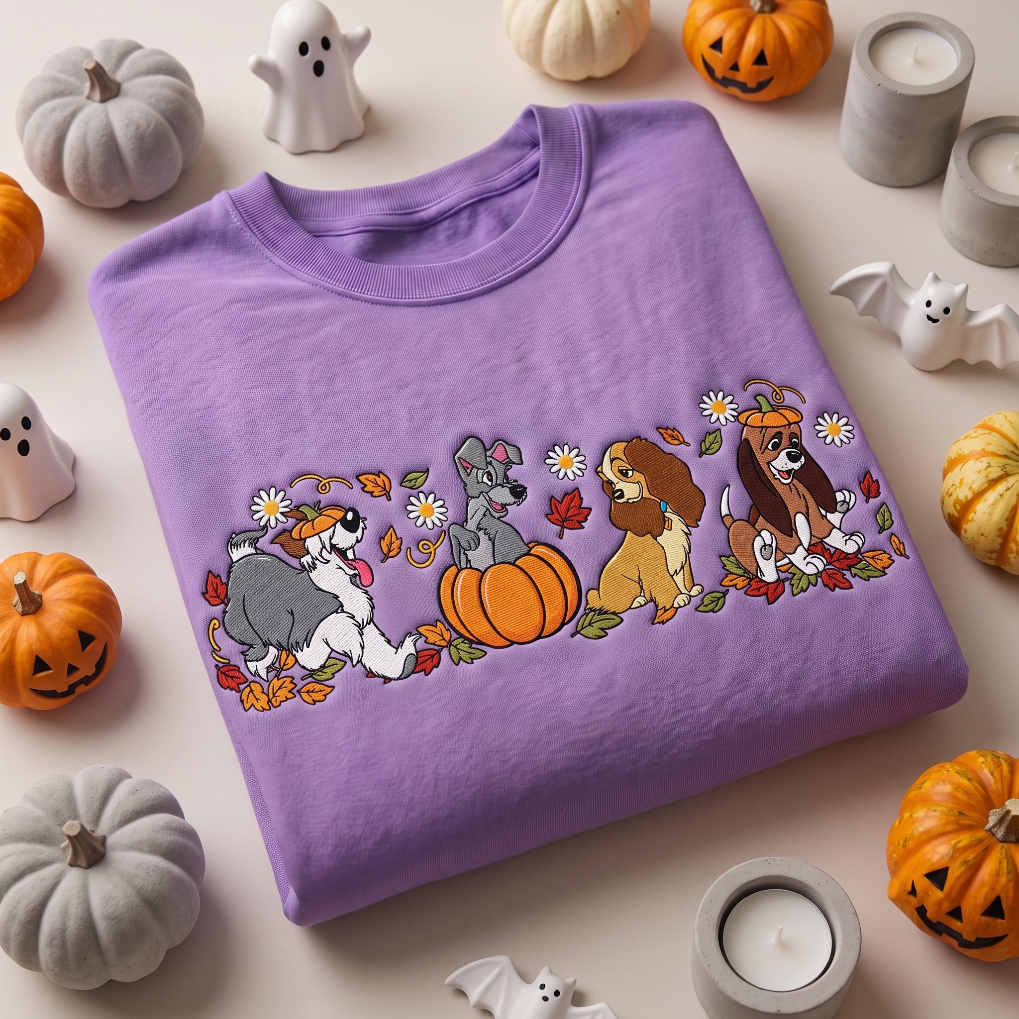 Embroidered Disney Dogs Pumpkin Sweatshirt with Lady Tramp Copper Max Crewneck – Cute Fall Autumn Leaves Thanksgiving Dog Lover Gift Shirt - photo 5